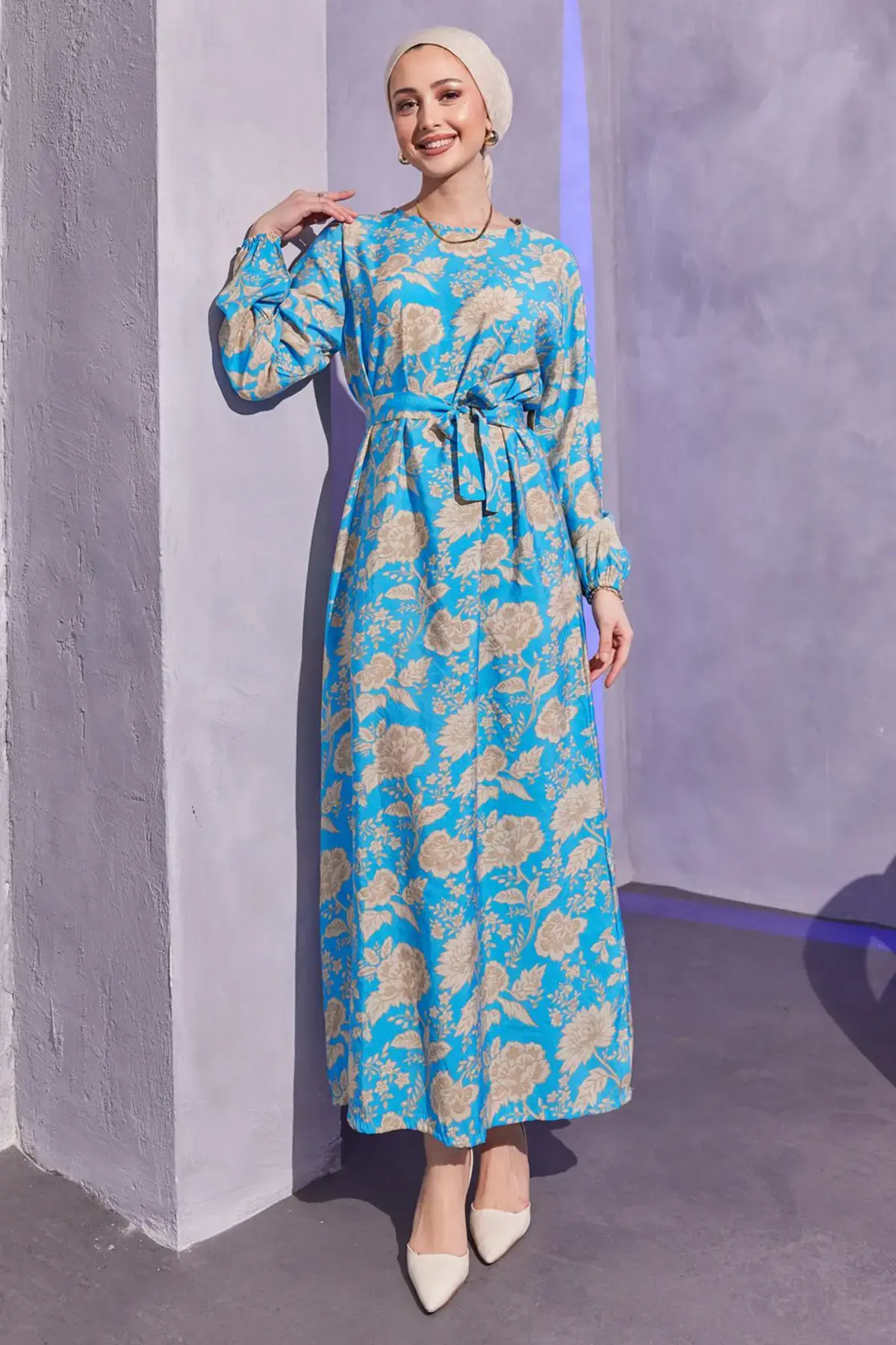 3997 Floral Patterned Hijab Dress Blue