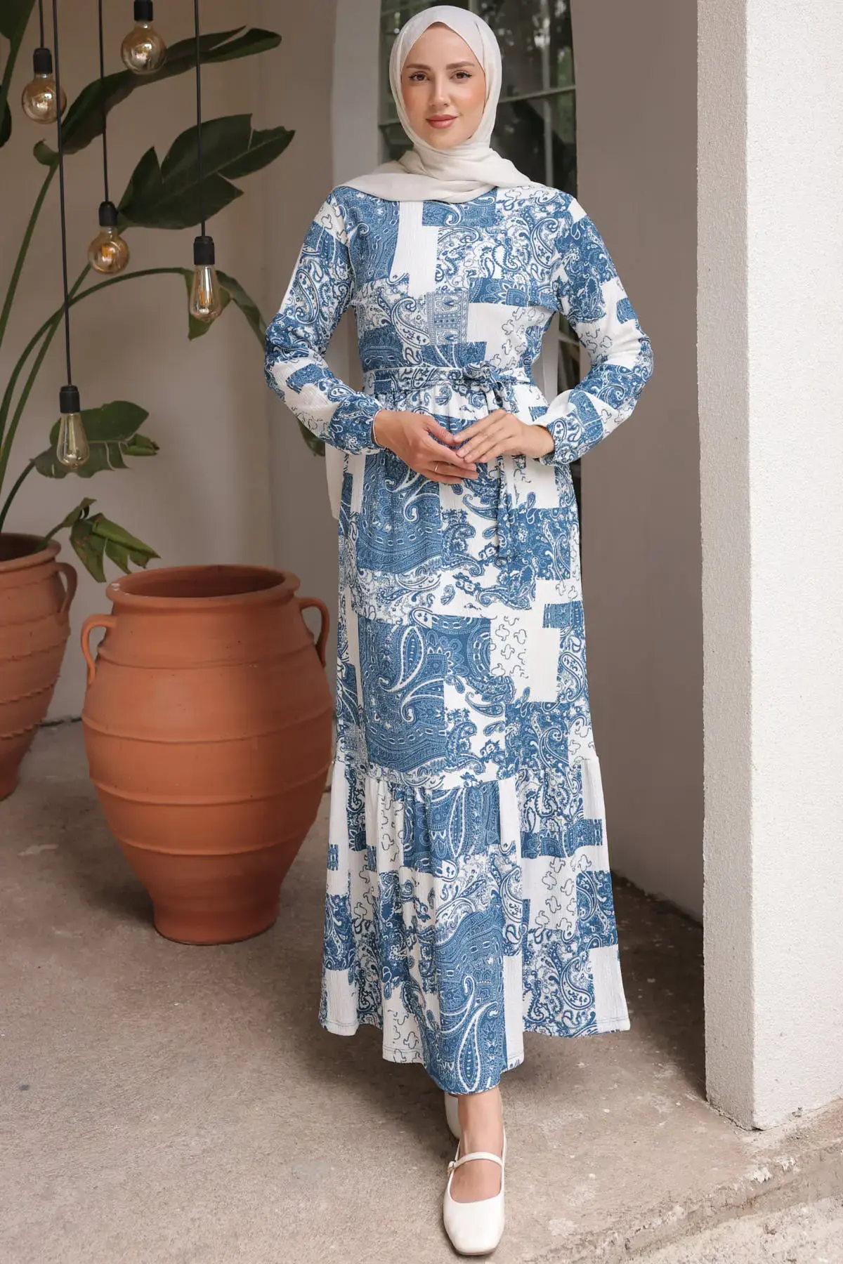 4029 Patterned Hijab Dress Blue