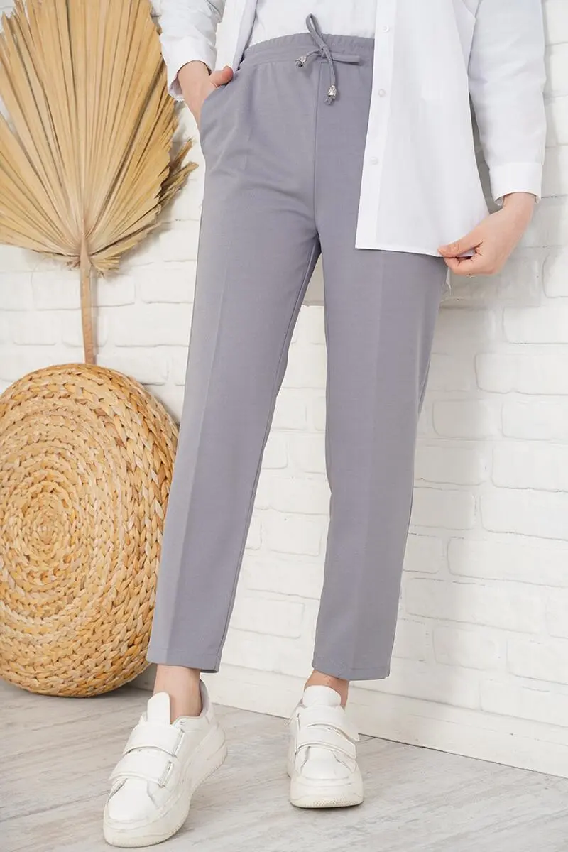 6624 Rope Detailed Elastic Waist Ankle Trousers Gray-detail