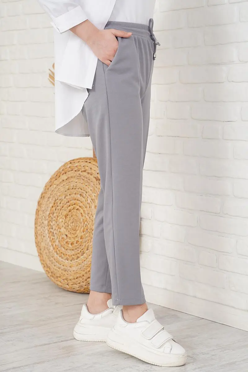 6624 Rope Detailed Elastic Waist Ankle Trousers Gray-detail