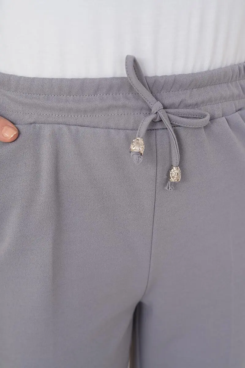 6624 Rope Detailed Elastic Waist Ankle Trousers Gray-detail