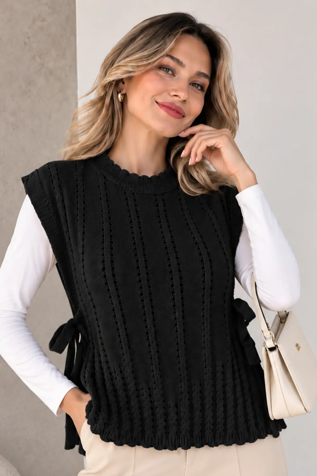 Acrylic Knit Sweater Vest N521 Black-detail