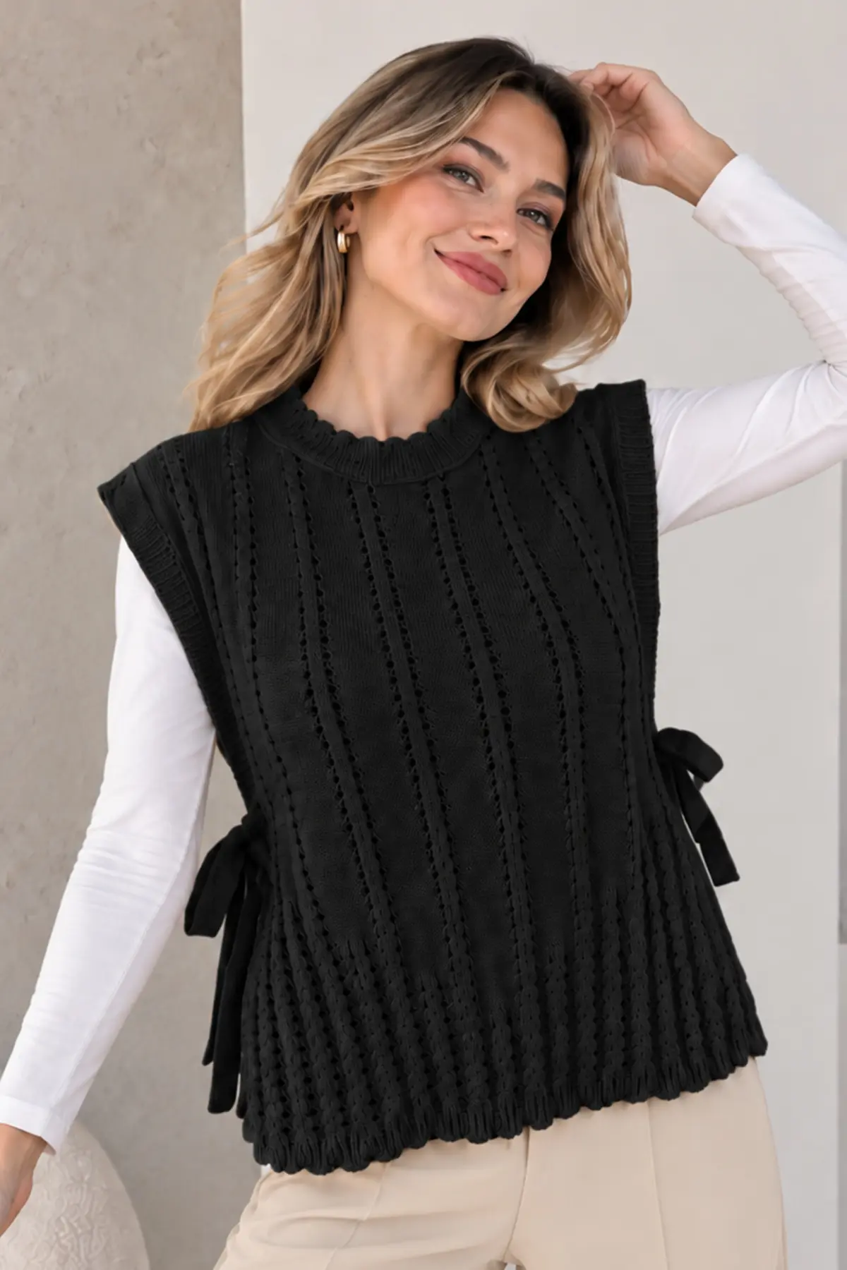 Acrylic Knit Sweater Vest N521 Black-detail