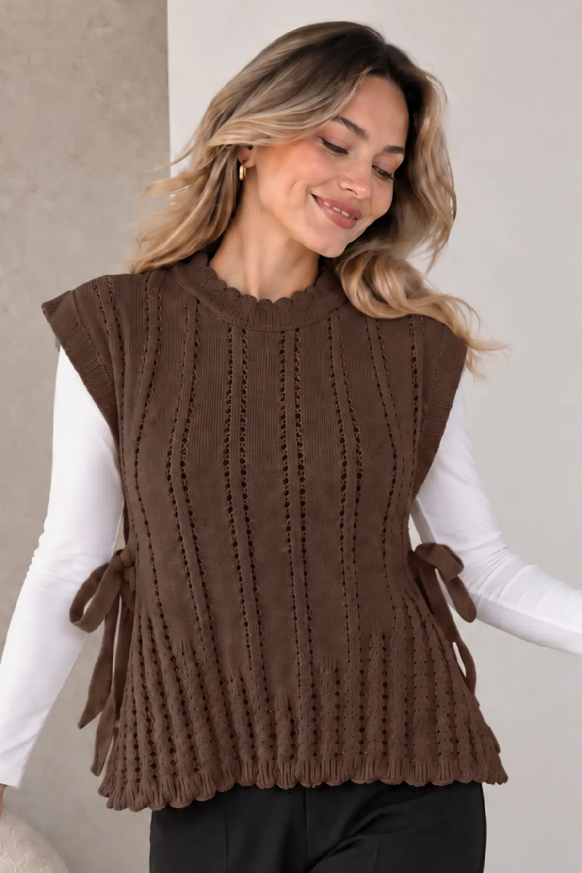 Acrylic Knit Sweater Vest N521 Brown-detail