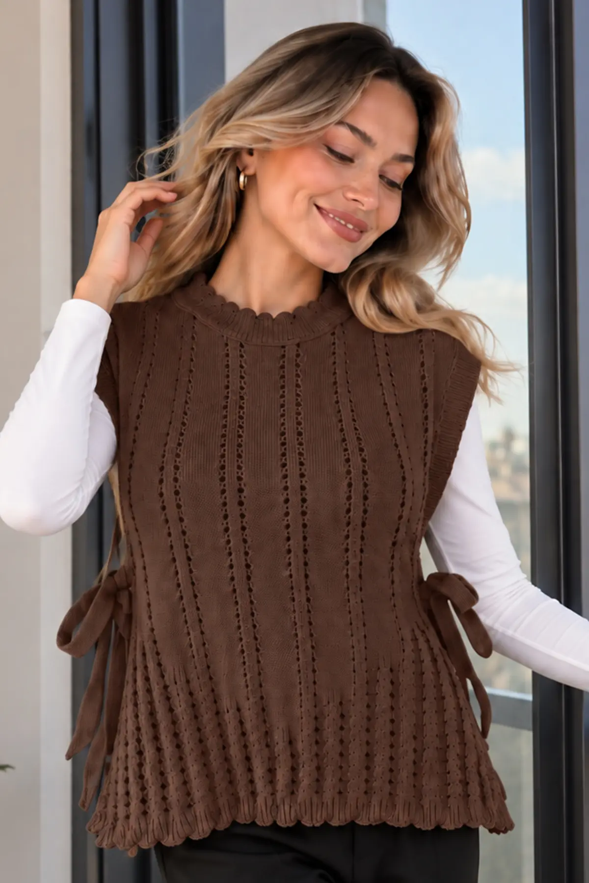 Acrylic Knit Sweater Vest N521 Brown-detail