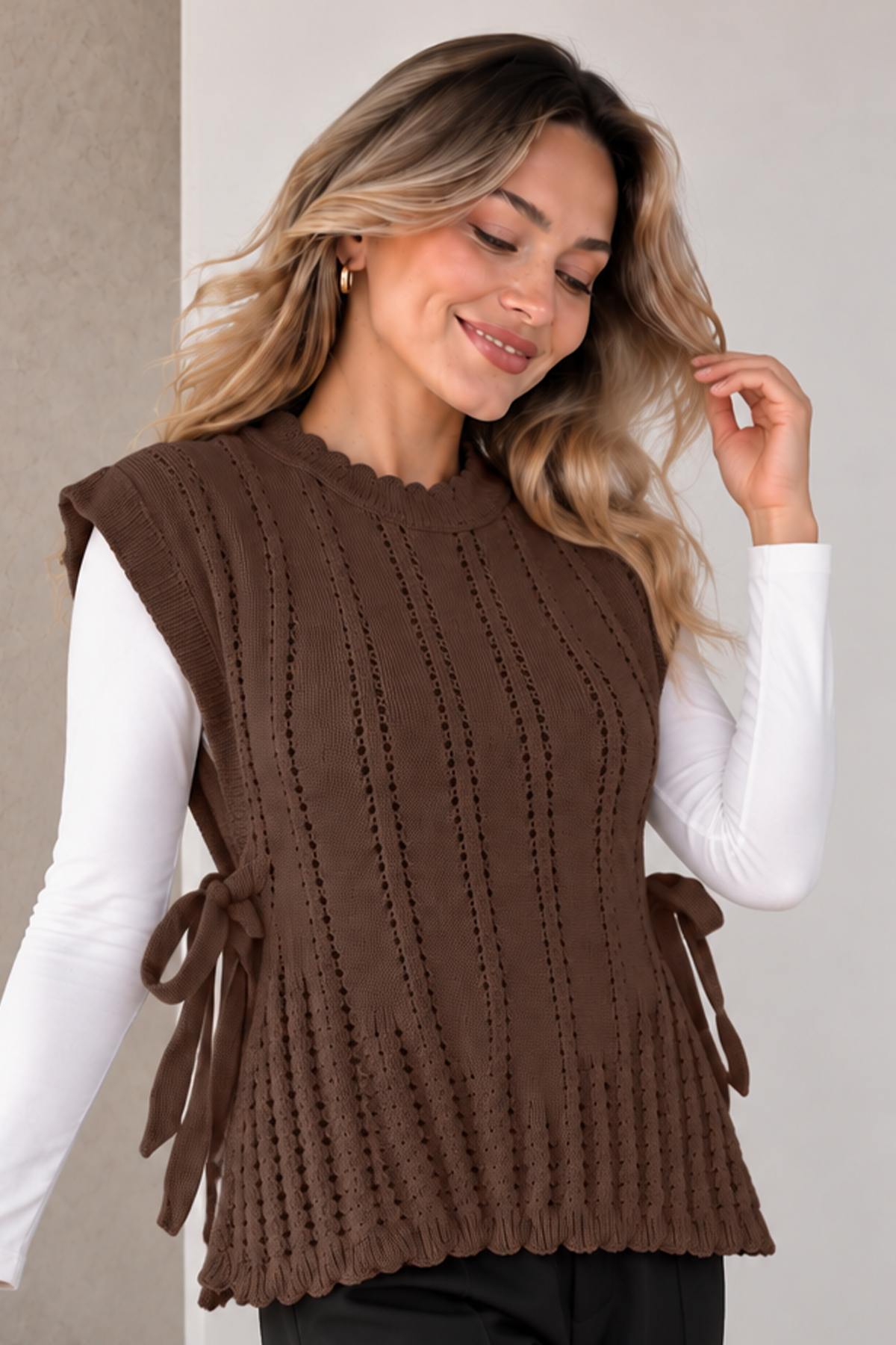 Acrylic Knit Sweater Vest N521 Brown