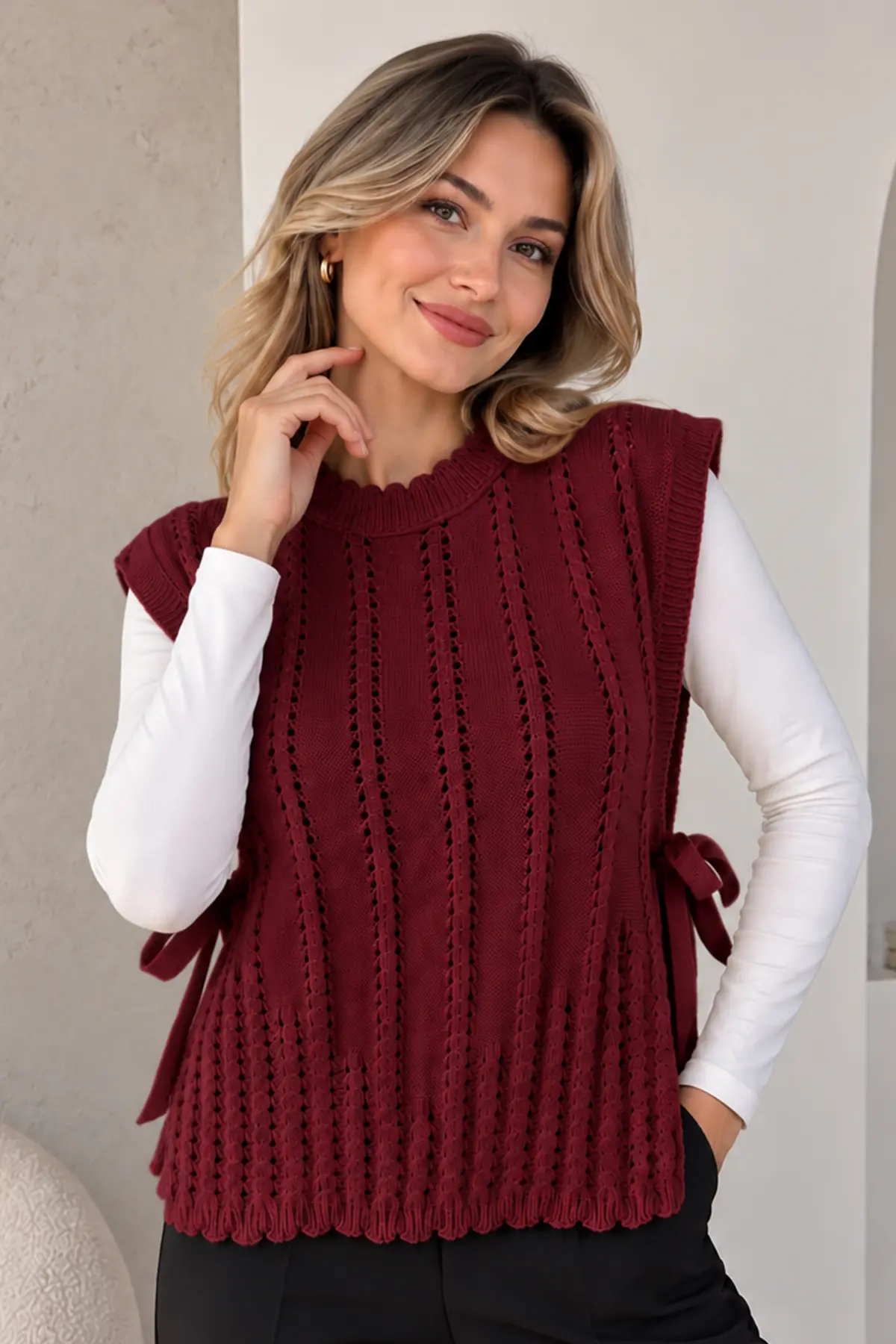 Acrylic Knit Sweater Vest N521 Burgundy-detail