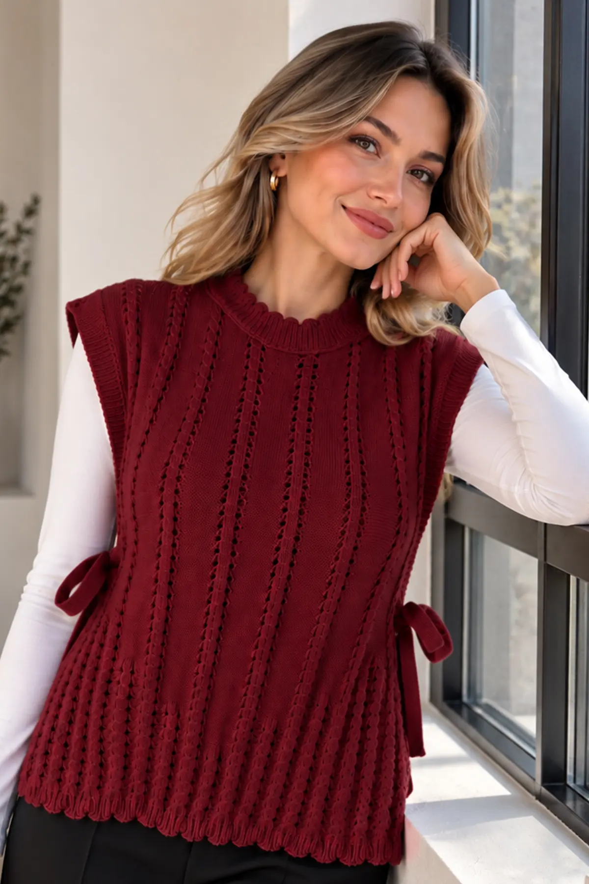 Acrylic Knit Sweater Vest N521 Burgundy-detail