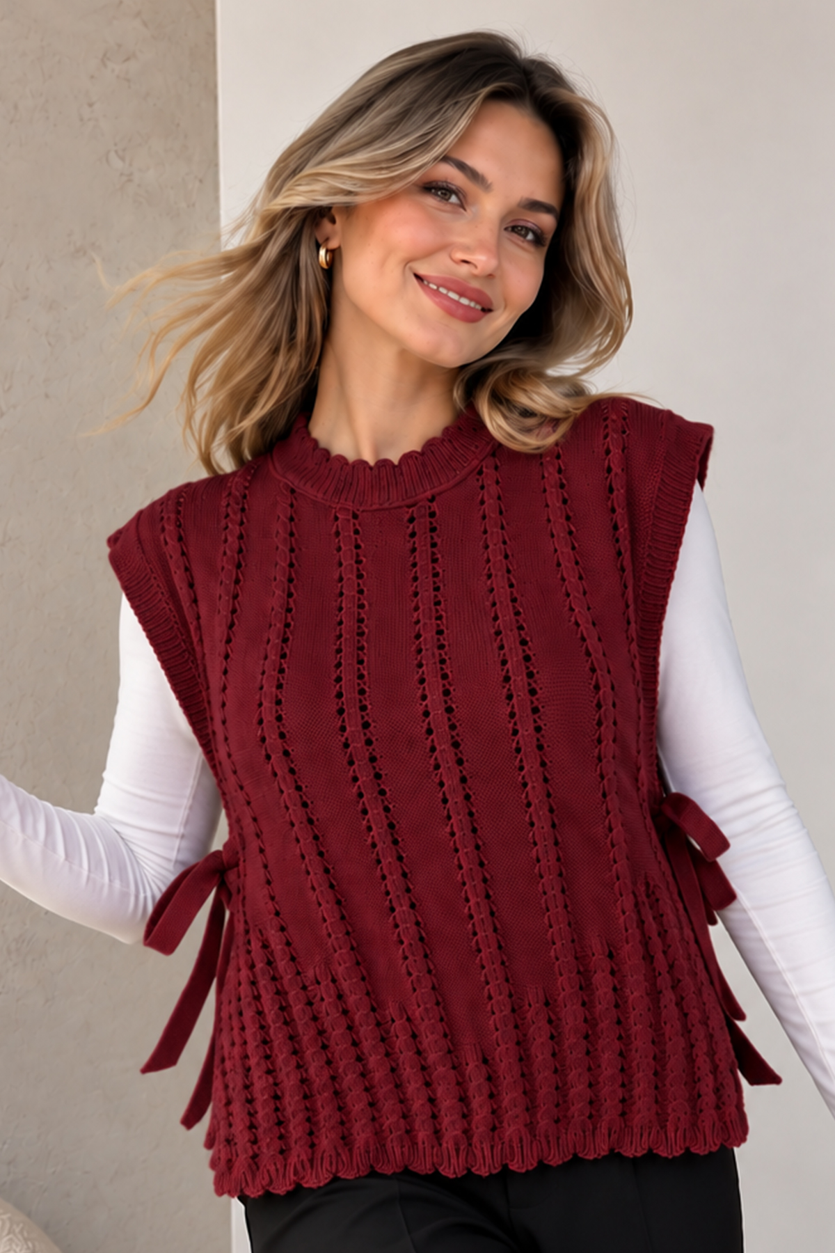 Acrylic Knit Sweater Vest N521 Burgundy