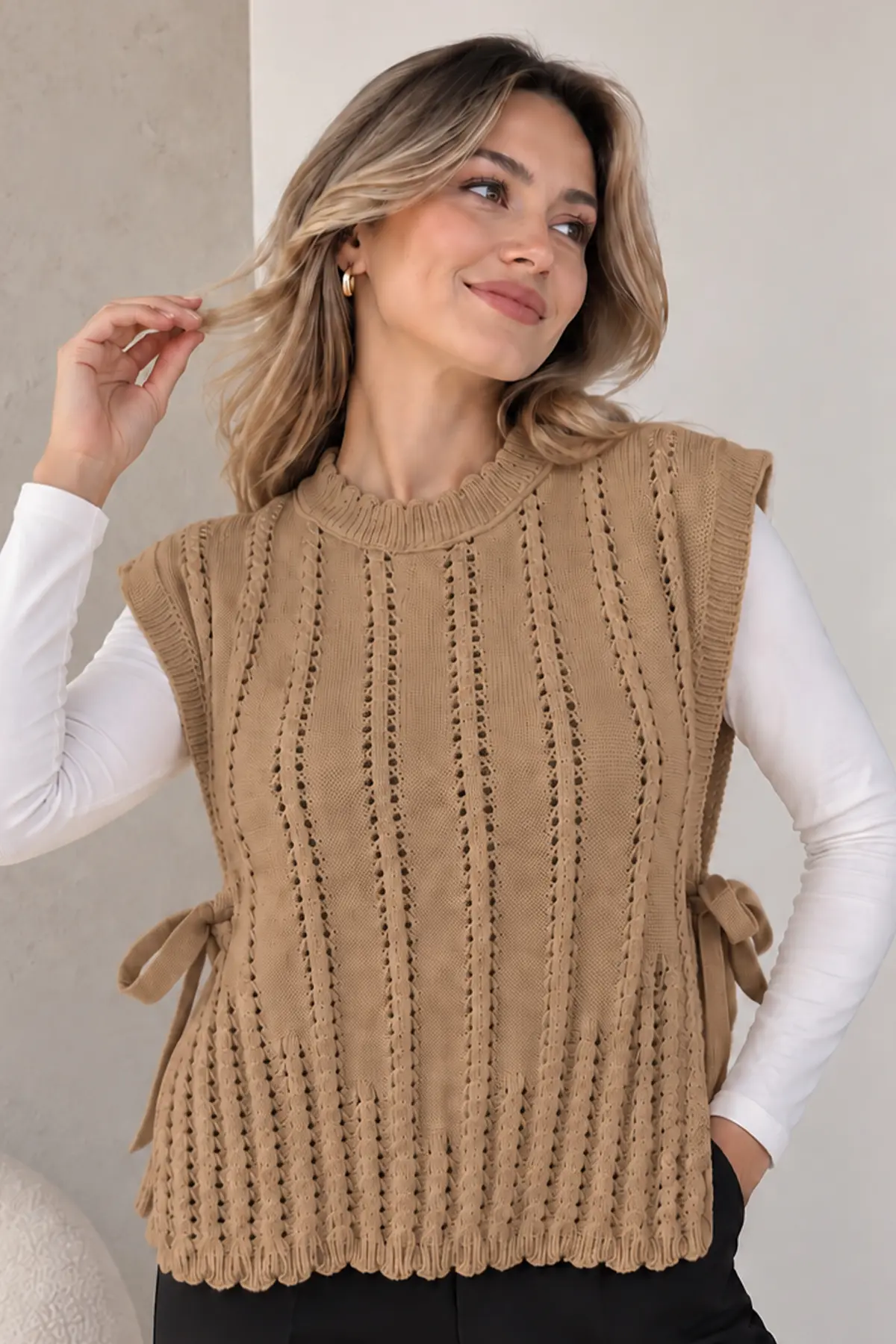 Acrylic Knit Sweater Vest N521 Camel-detail