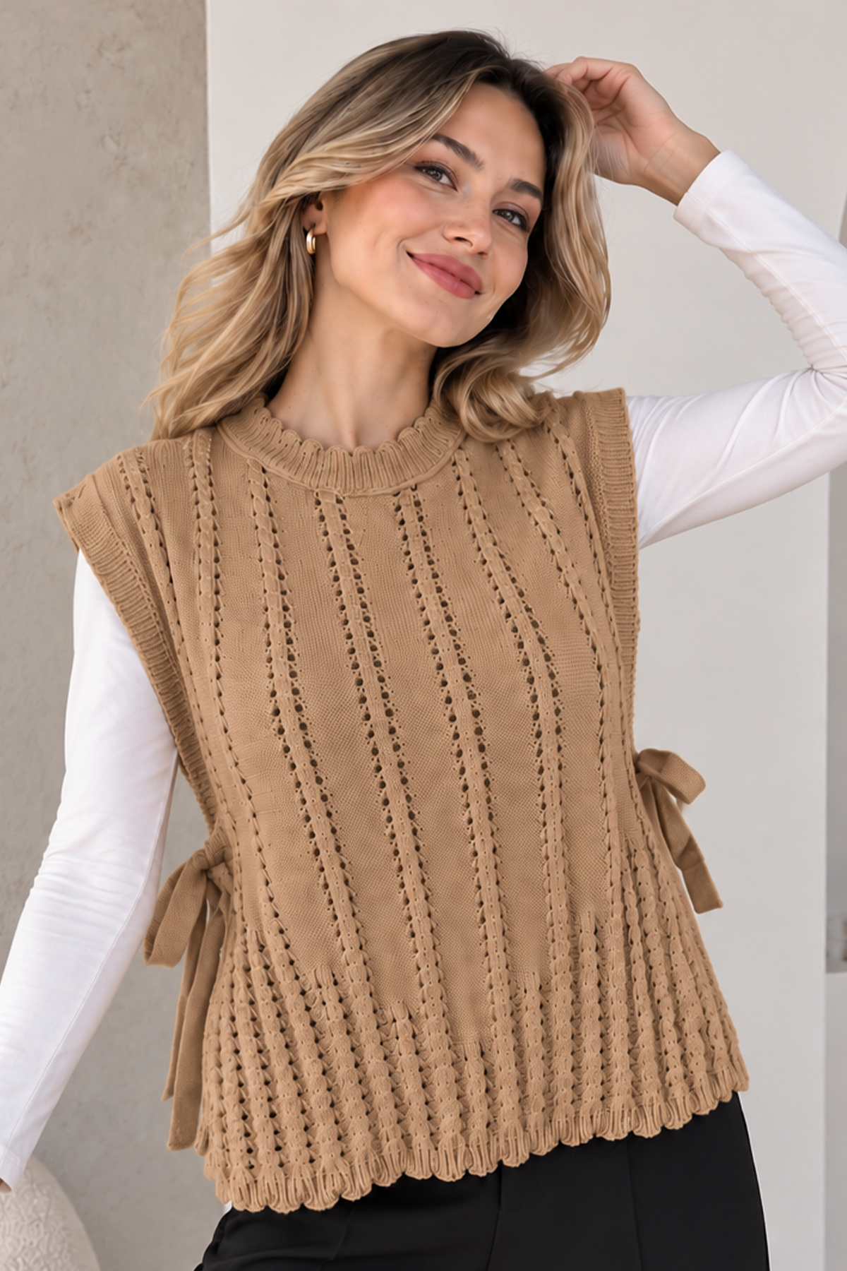 Acrylic Knit Sweater Vest N521 Camel