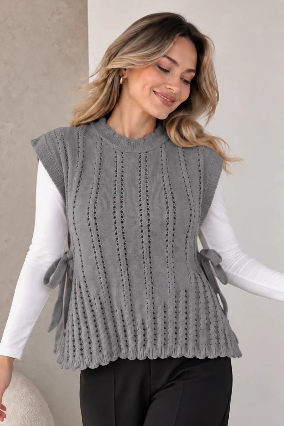 Acrylic Knit Sweater Vest N521 Grey-detail