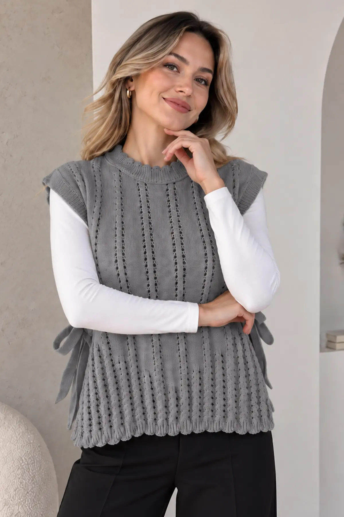 Acrylic Knit Sweater Vest N521 Grey-detail
