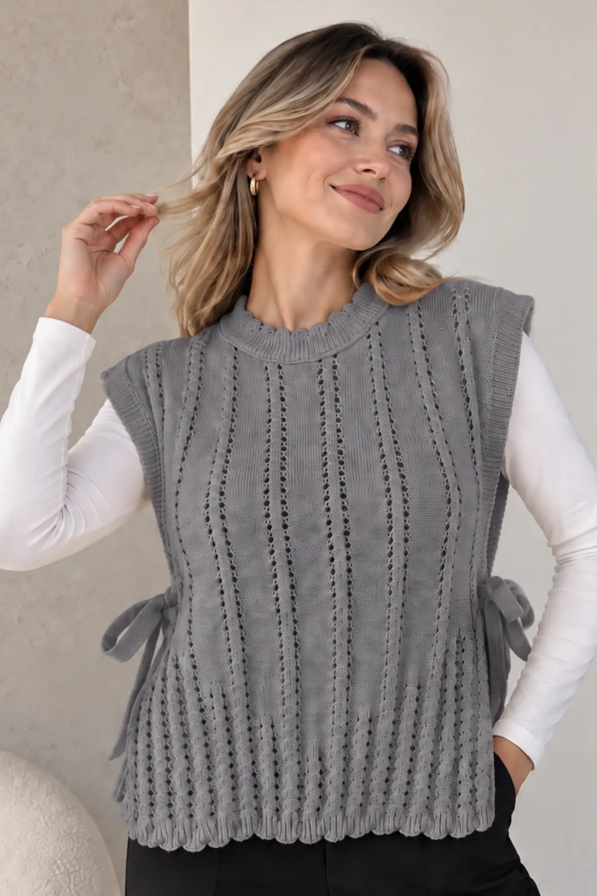 Acrylic Knit Sweater Vest N521 Grey-detail