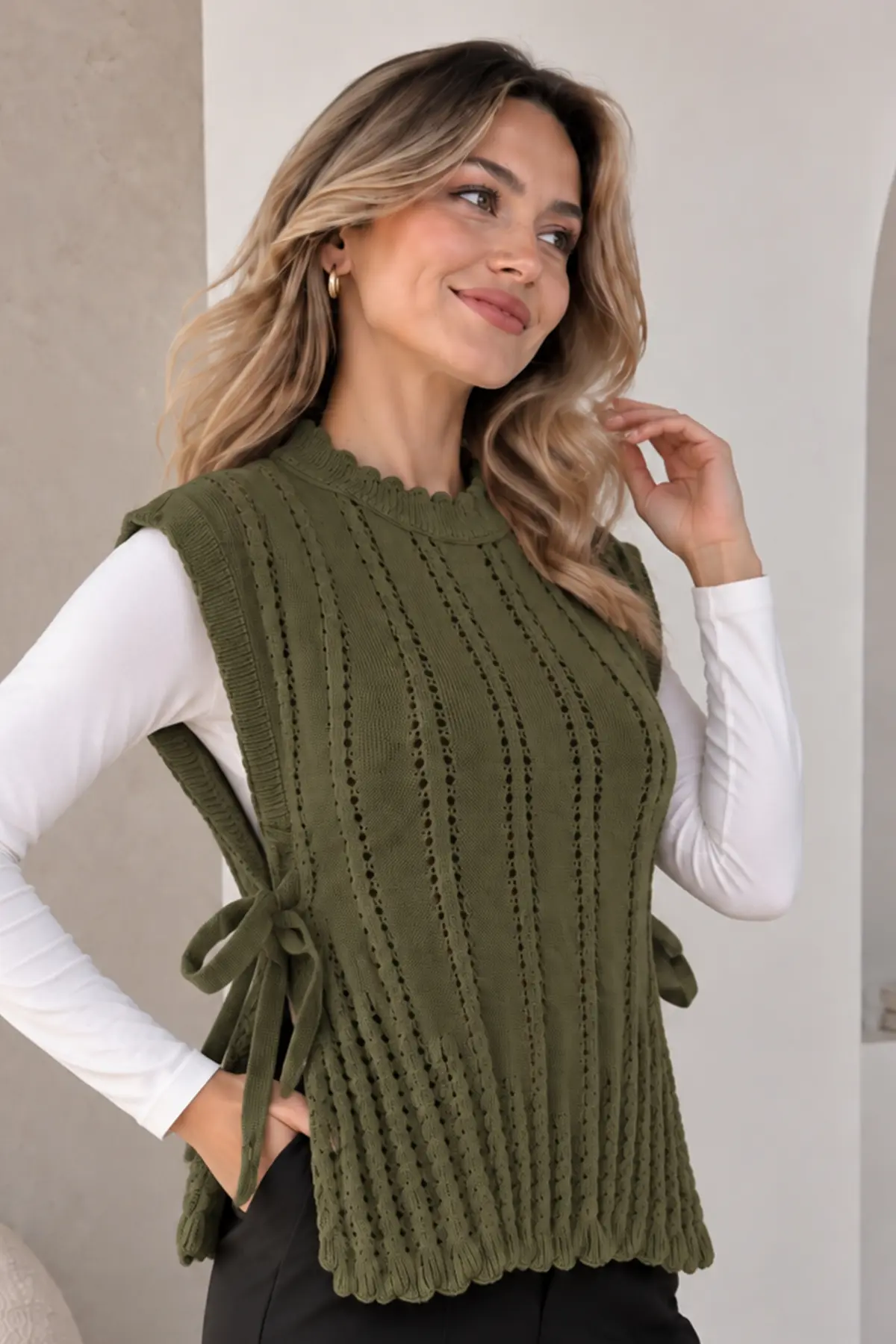 Acrylic Knit Sweater Vest N521 Khaki-detail