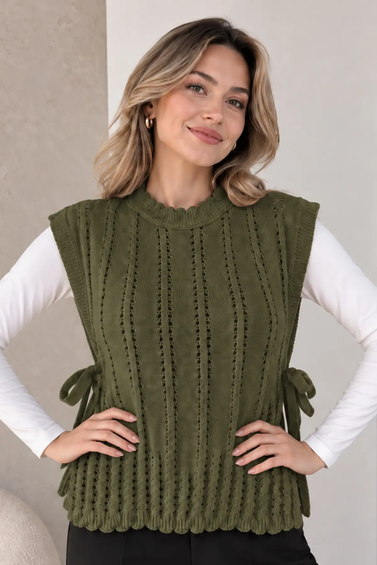 Acrylic Knit Sweater Vest N521 Khaki-detail