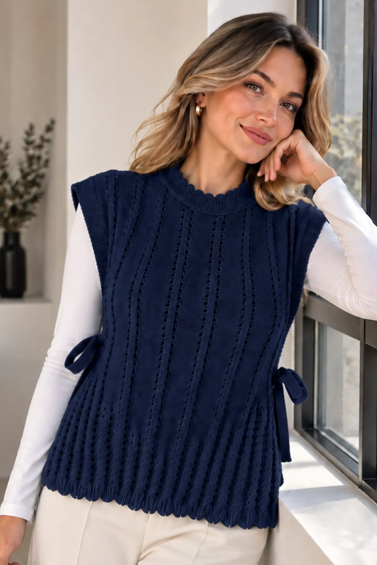 Acrylic Knit Sweater Vest N521 Navy Blue-detail