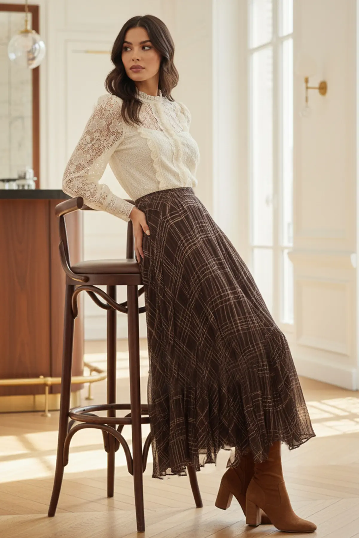 Asymmetrical Cut Plaid Pattern Chiffon Skirt