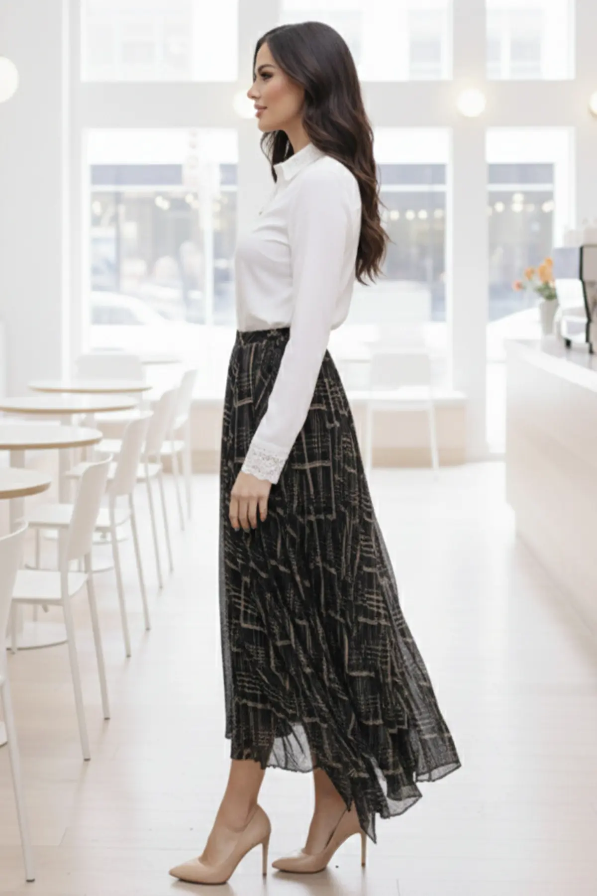 Asymmetrical Cut Plaid Pattern Chiffon Skirt-detail