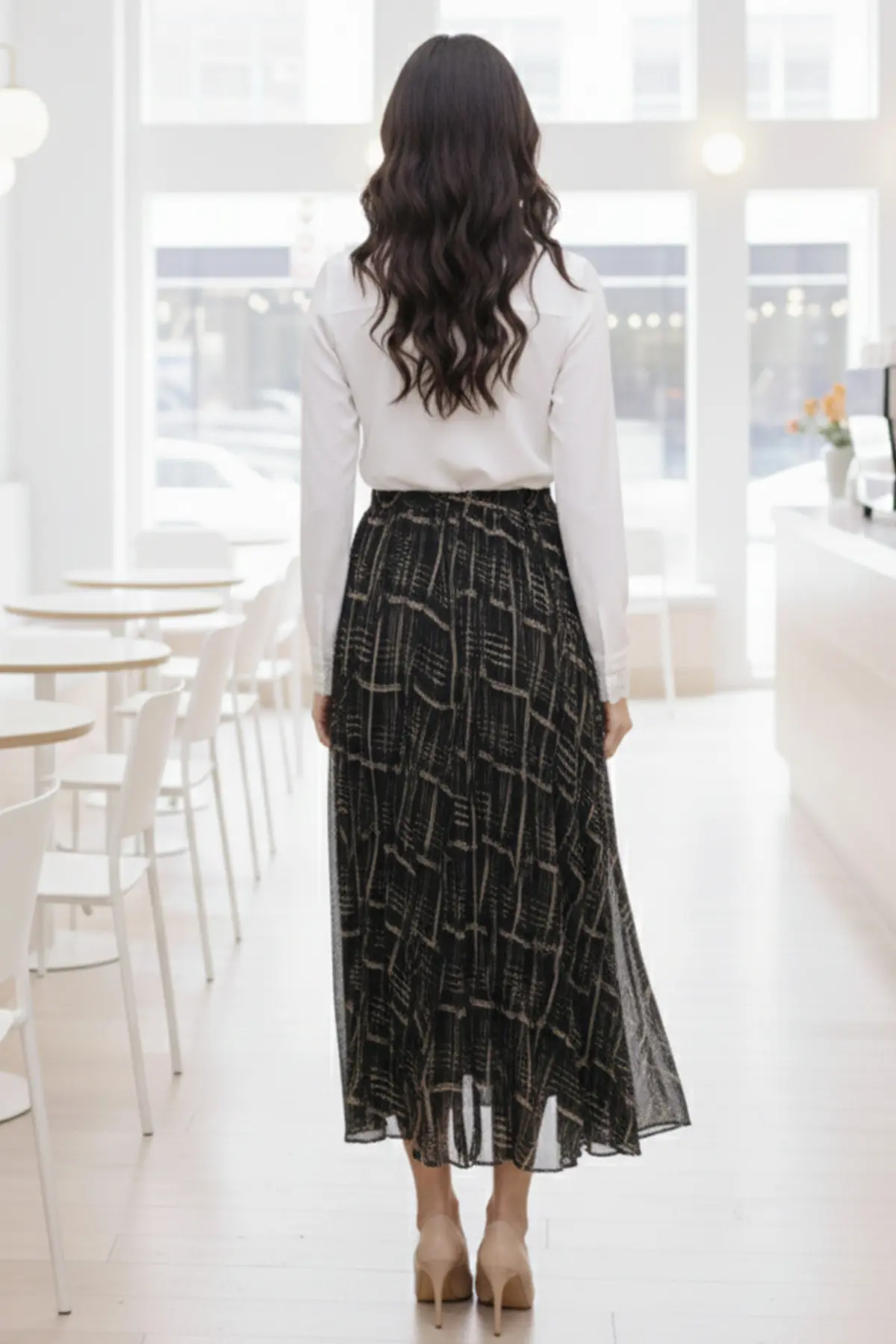 Asymmetrical Cut Plaid Pattern Chiffon Skirt-detail