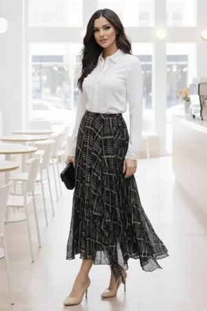 Asymmetrical Cut Plaid Pattern Chiffon Skirt