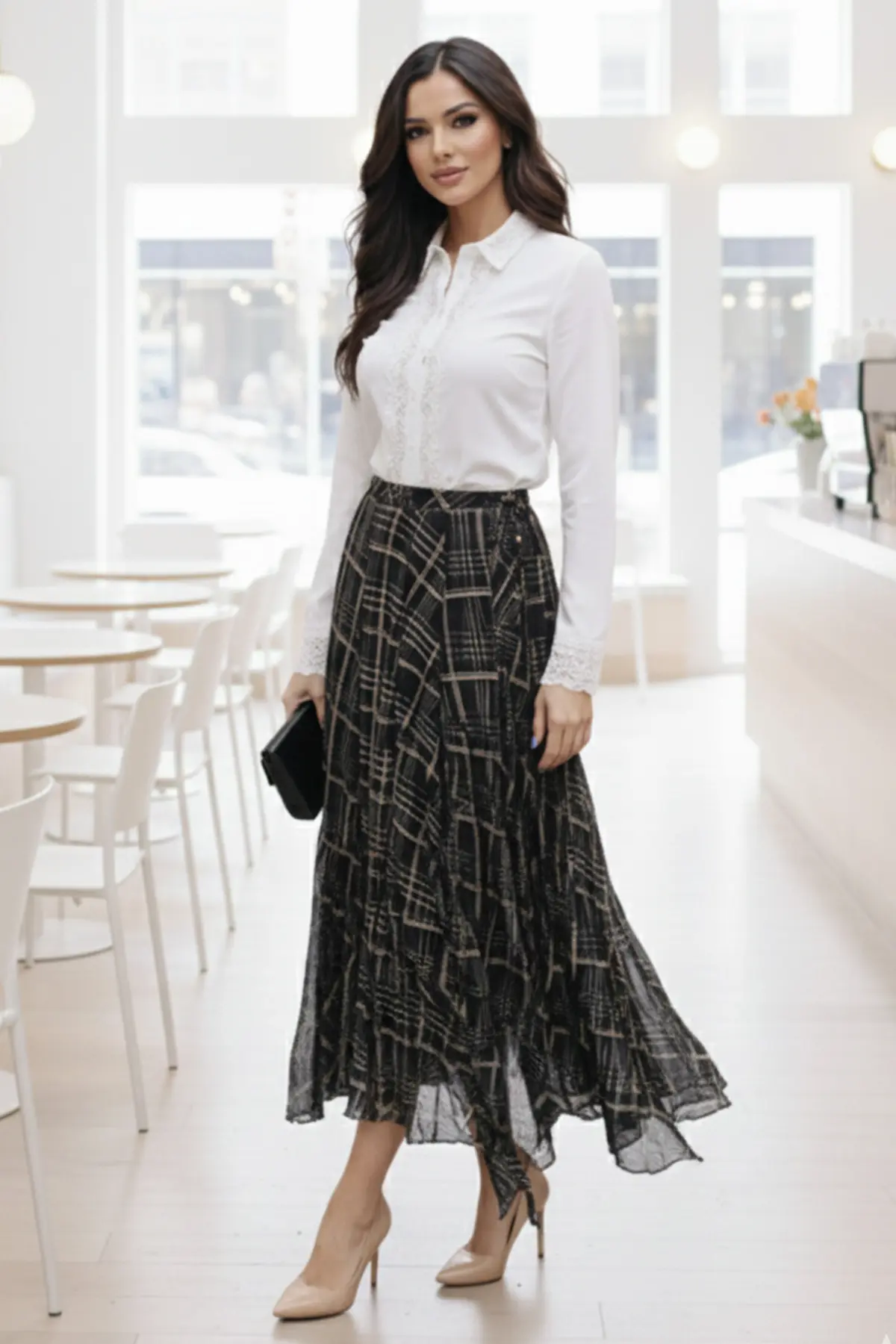 Asymmetrical Cut Plaid Pattern Chiffon Skirt