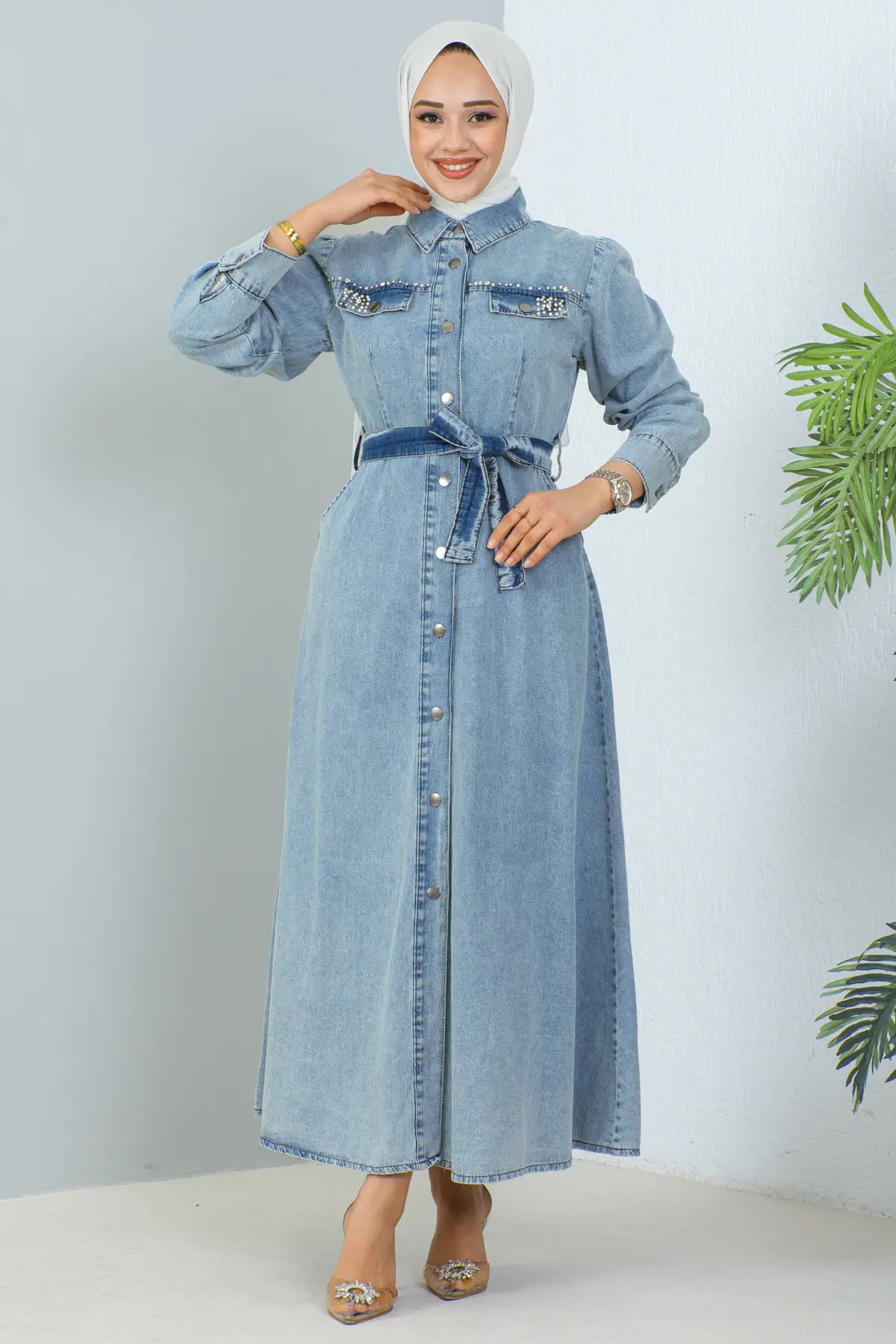 Beaded Denım Dress Wıth Pockets-detail