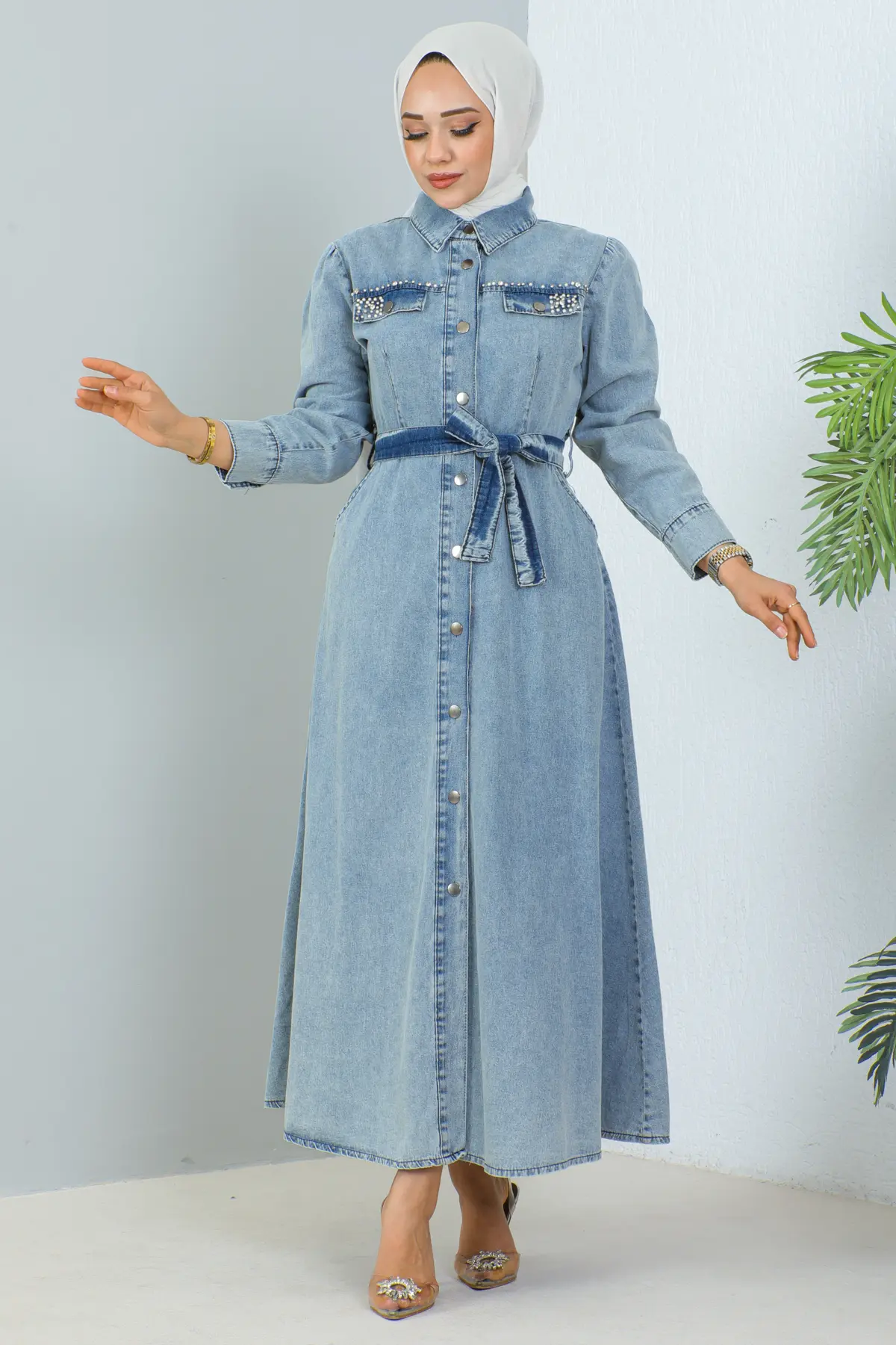 Beaded Denım Dress Wıth Pockets-detail