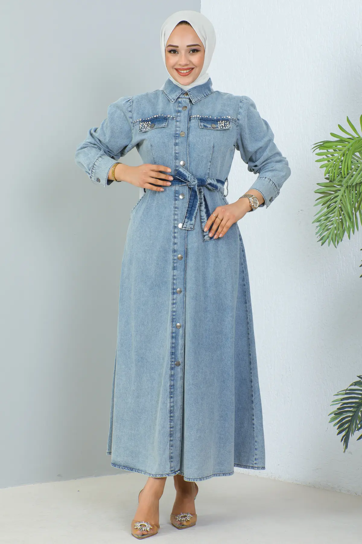 Beaded Denım Dress Wıth Pockets-detail