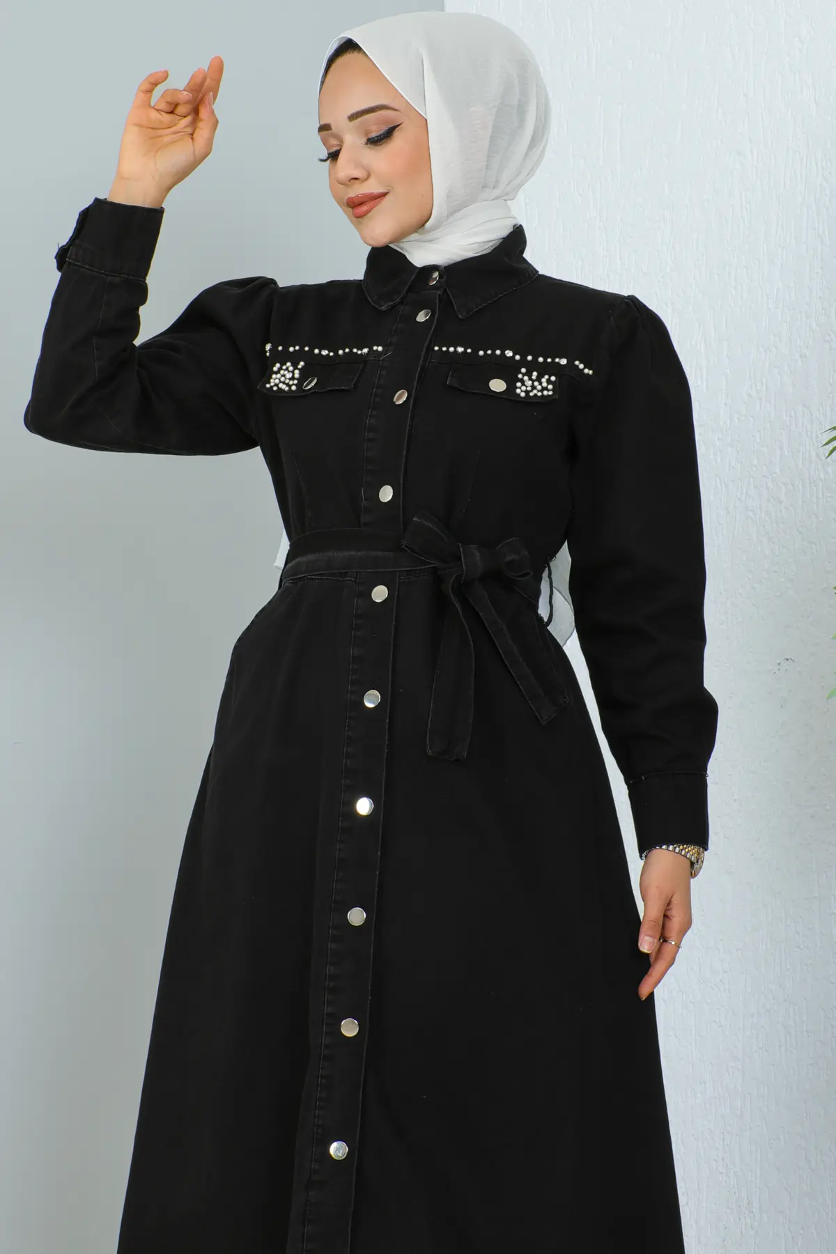 Beaded Denım Dress Wıth Pockets-detail