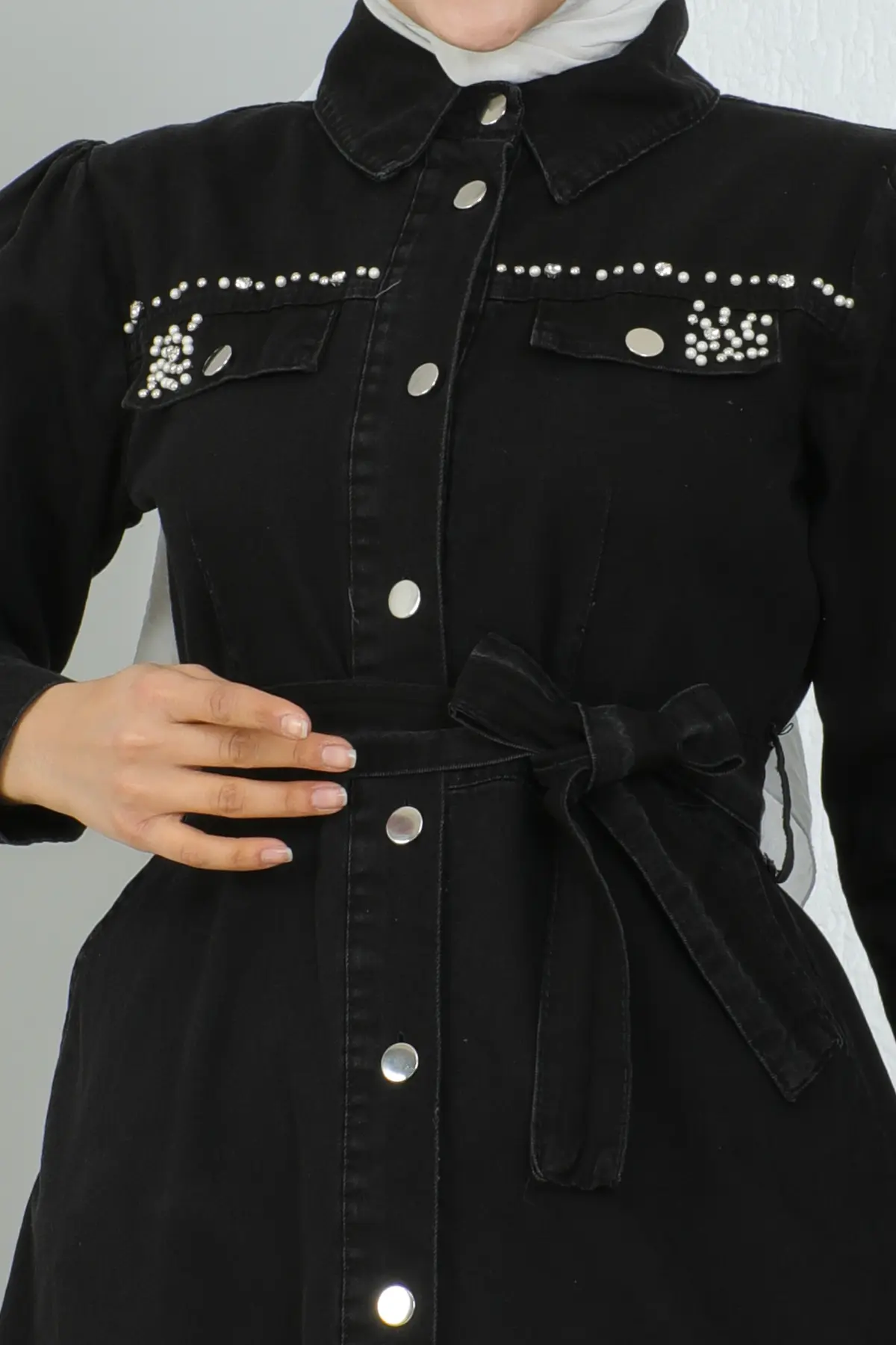 Beaded Denım Dress Wıth Pockets-detail