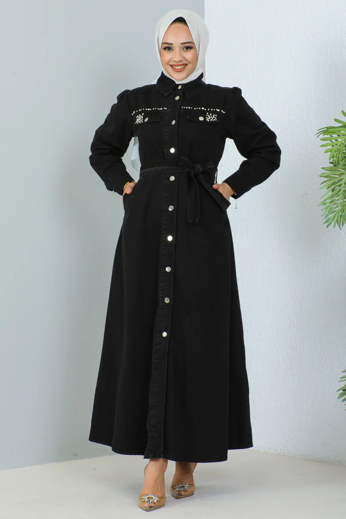 Beaded Denım Dress Wıth Pockets-detail