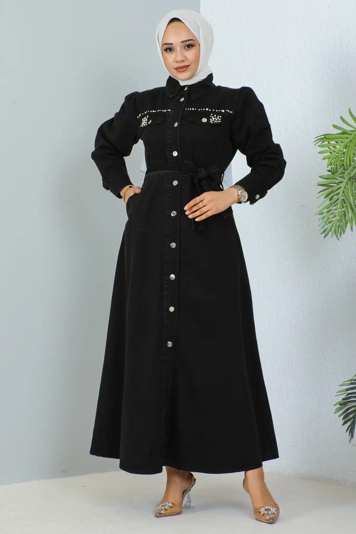 Beaded Denım Dress Wıth Pockets-detail