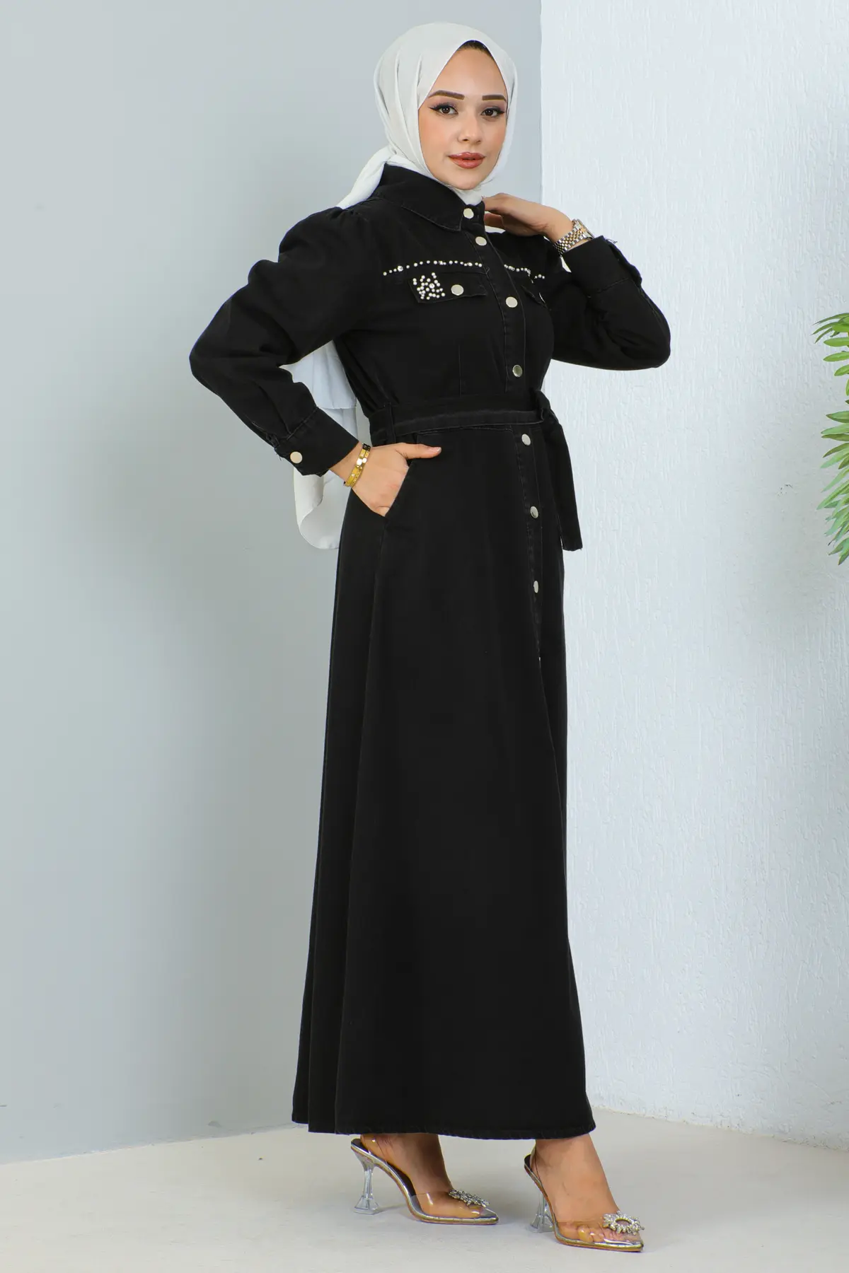 Beaded Denım Dress Wıth Pockets-detail