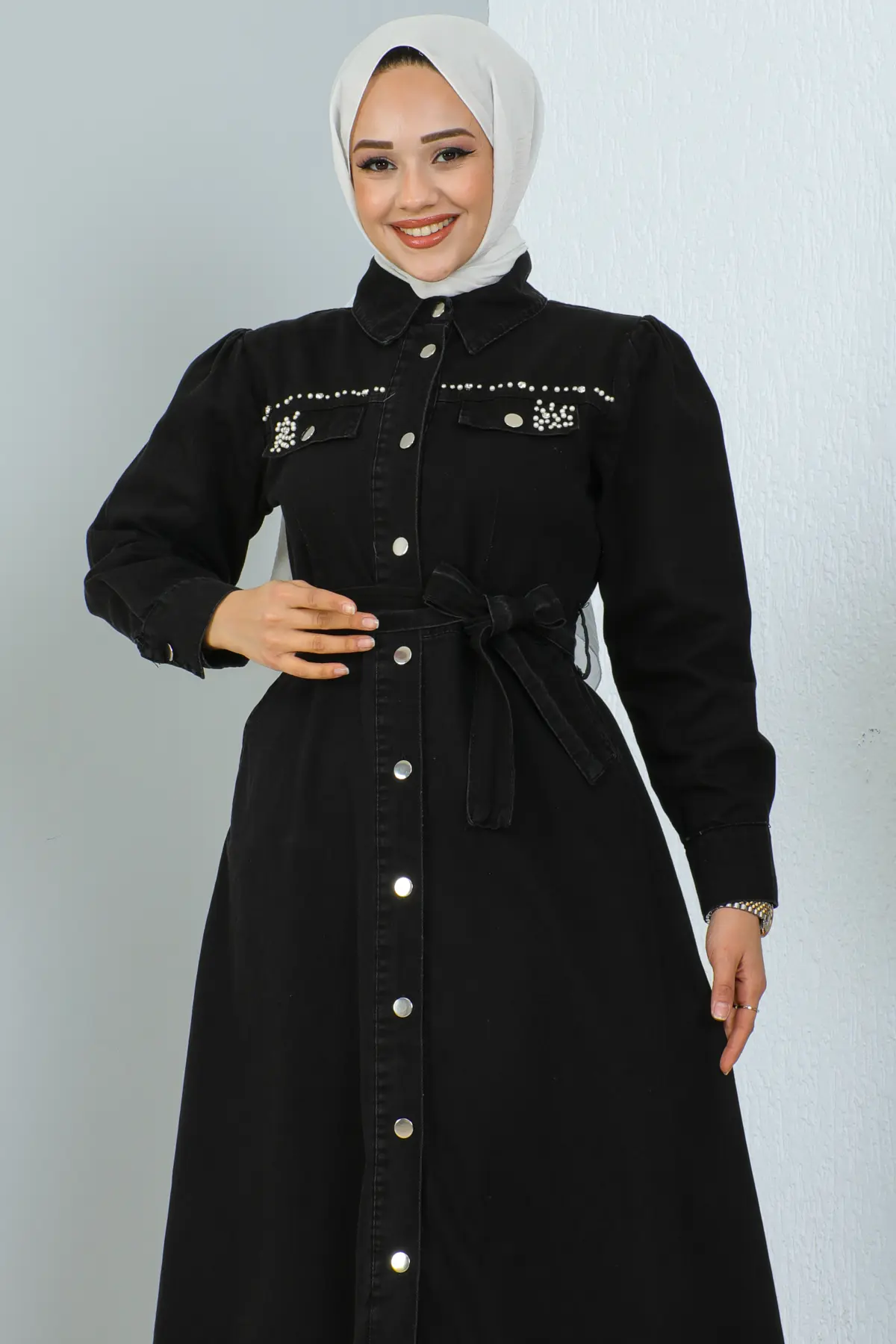 Beaded Denım Dress Wıth Pockets-detail