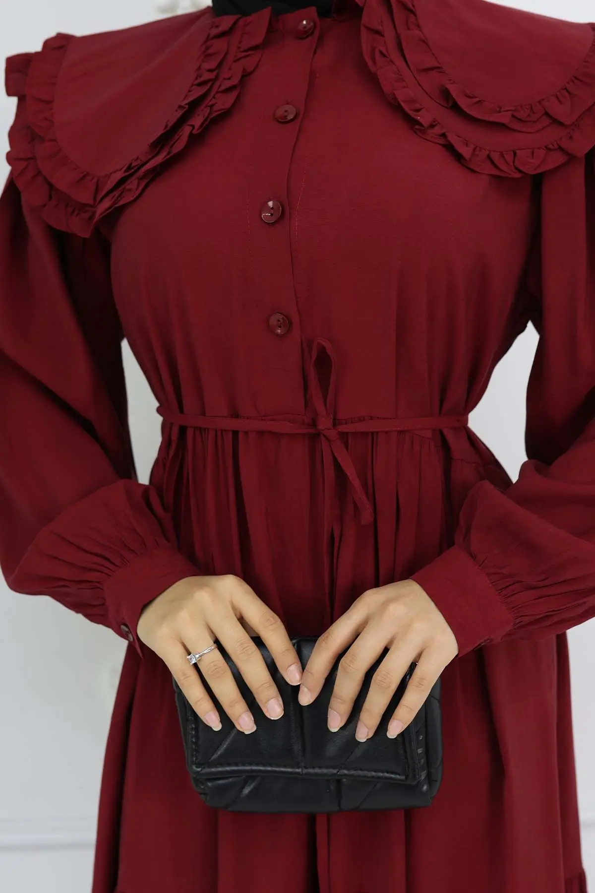 Bebe Yaka Önü Düğmeli Elbise Bordo 2274-detail