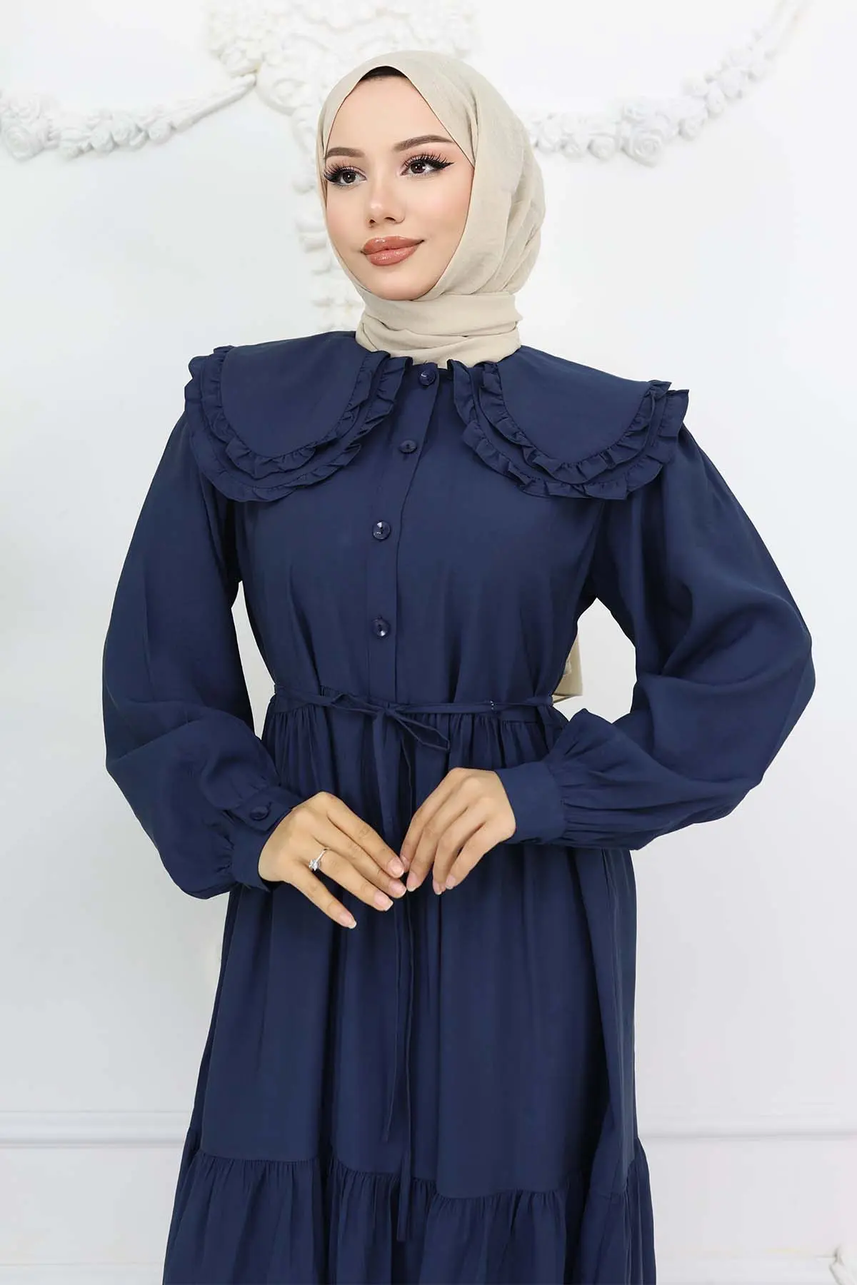 Bebe Yaka Önü Düğmeli Elbise Lacivert 2274-detail