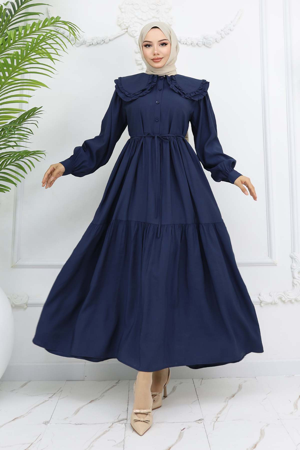 Bebe Yaka Önü Düğmeli Elbise Lacivert 2274