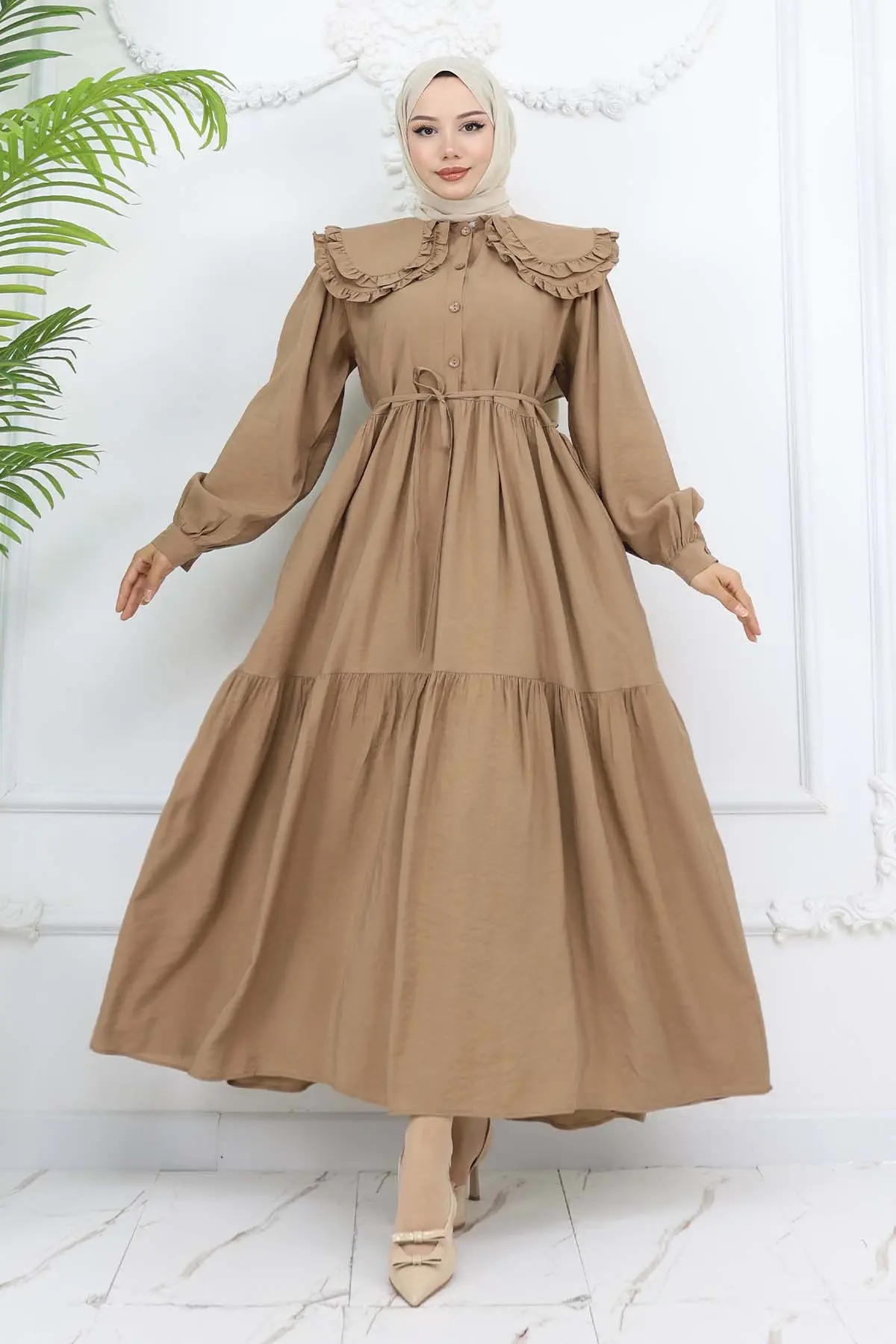 Bebe Yaka Önü Düğmeli Elbise Taba 2274-detail