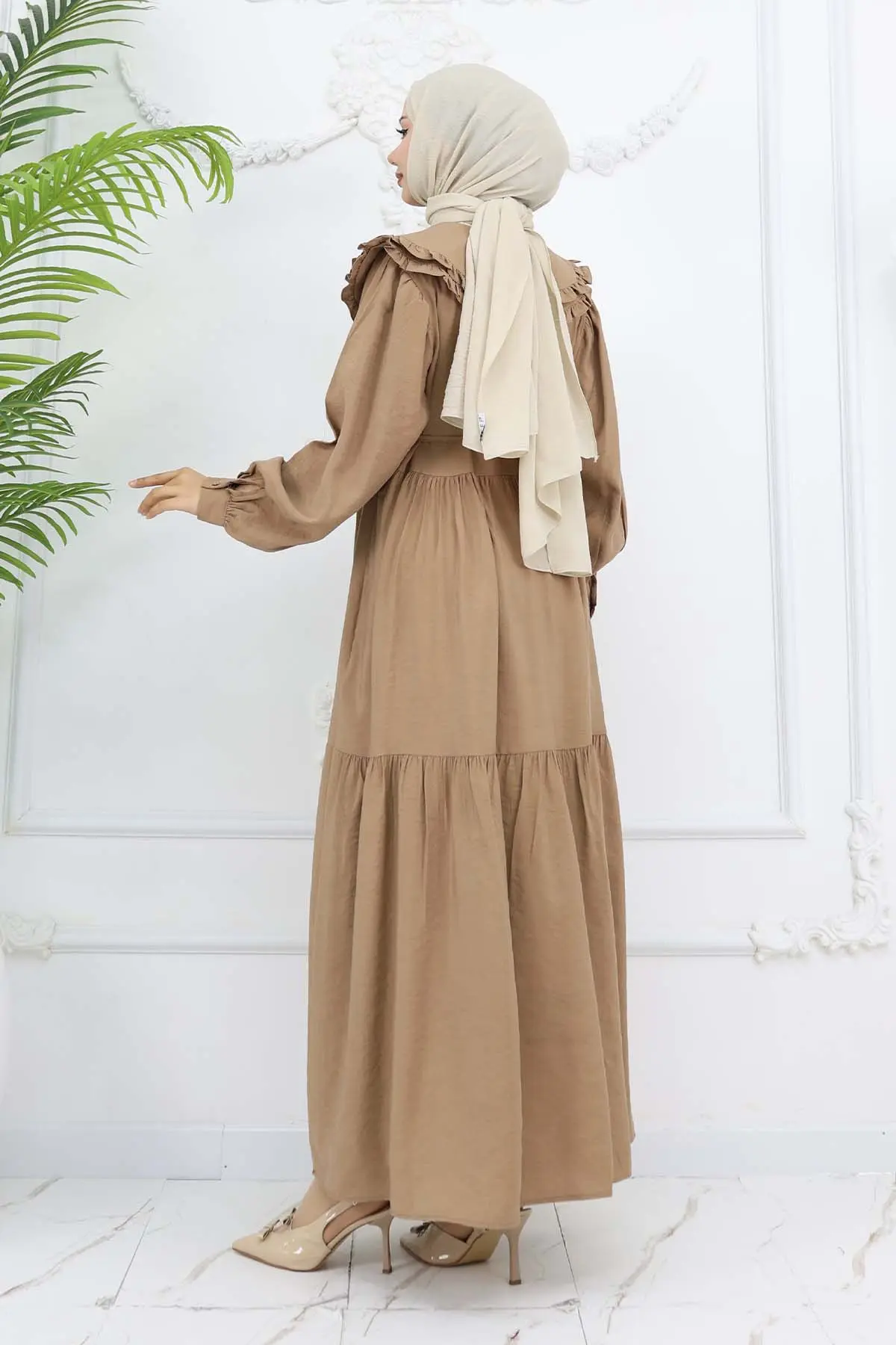 Bebe Yaka Önü Düğmeli Elbise Taba 2274-detail