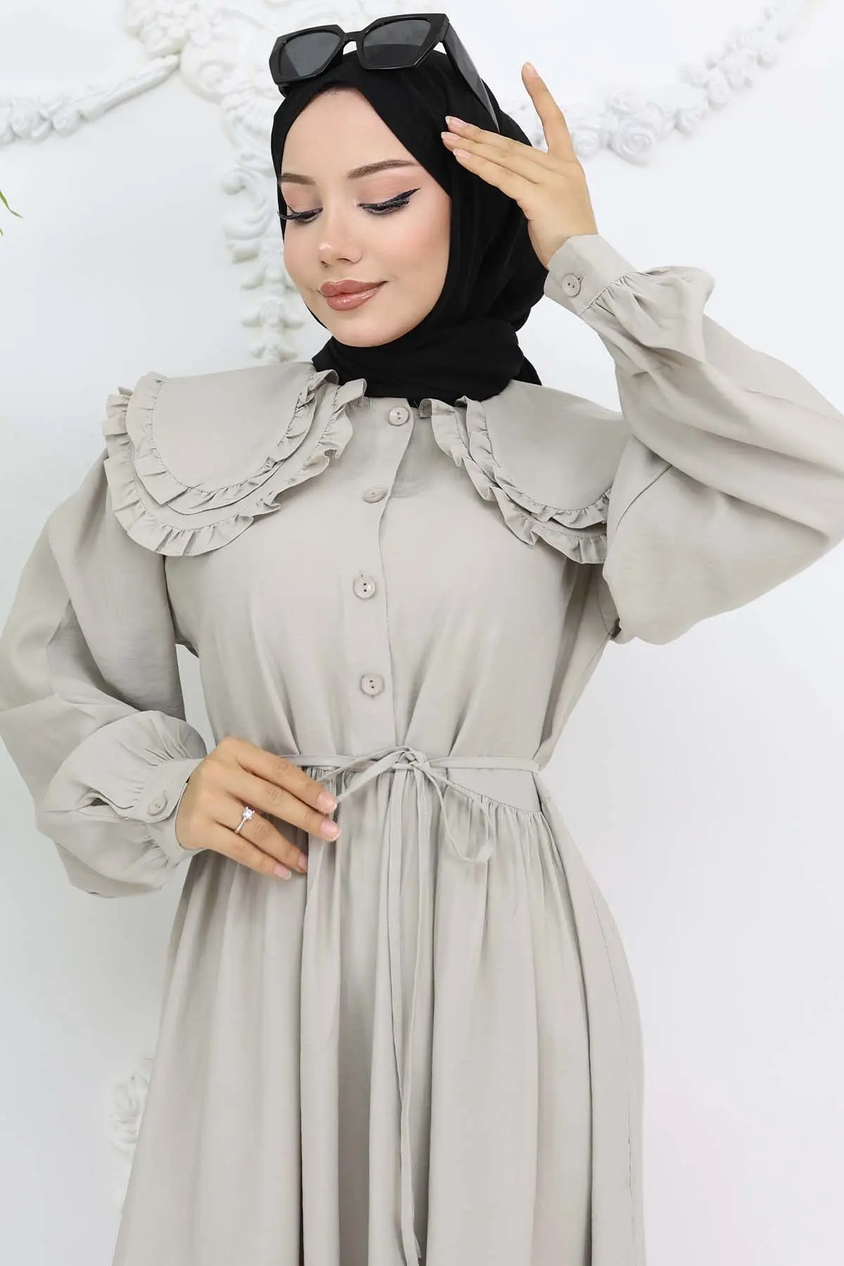 Bebe Yaka Önü Düğmeli Elbise Taş Rengi 2274-detail