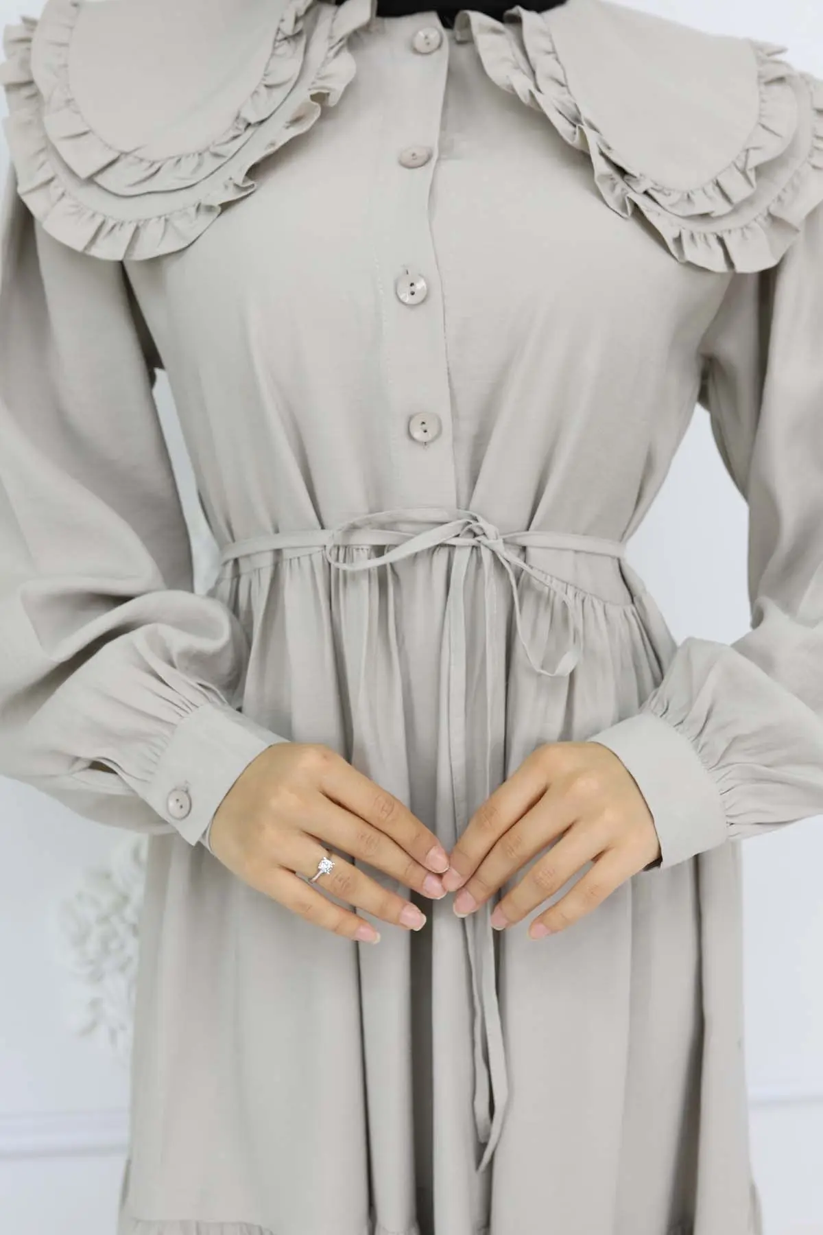 Bebe Yaka Önü Düğmeli Elbise Taş Rengi 2274-detail