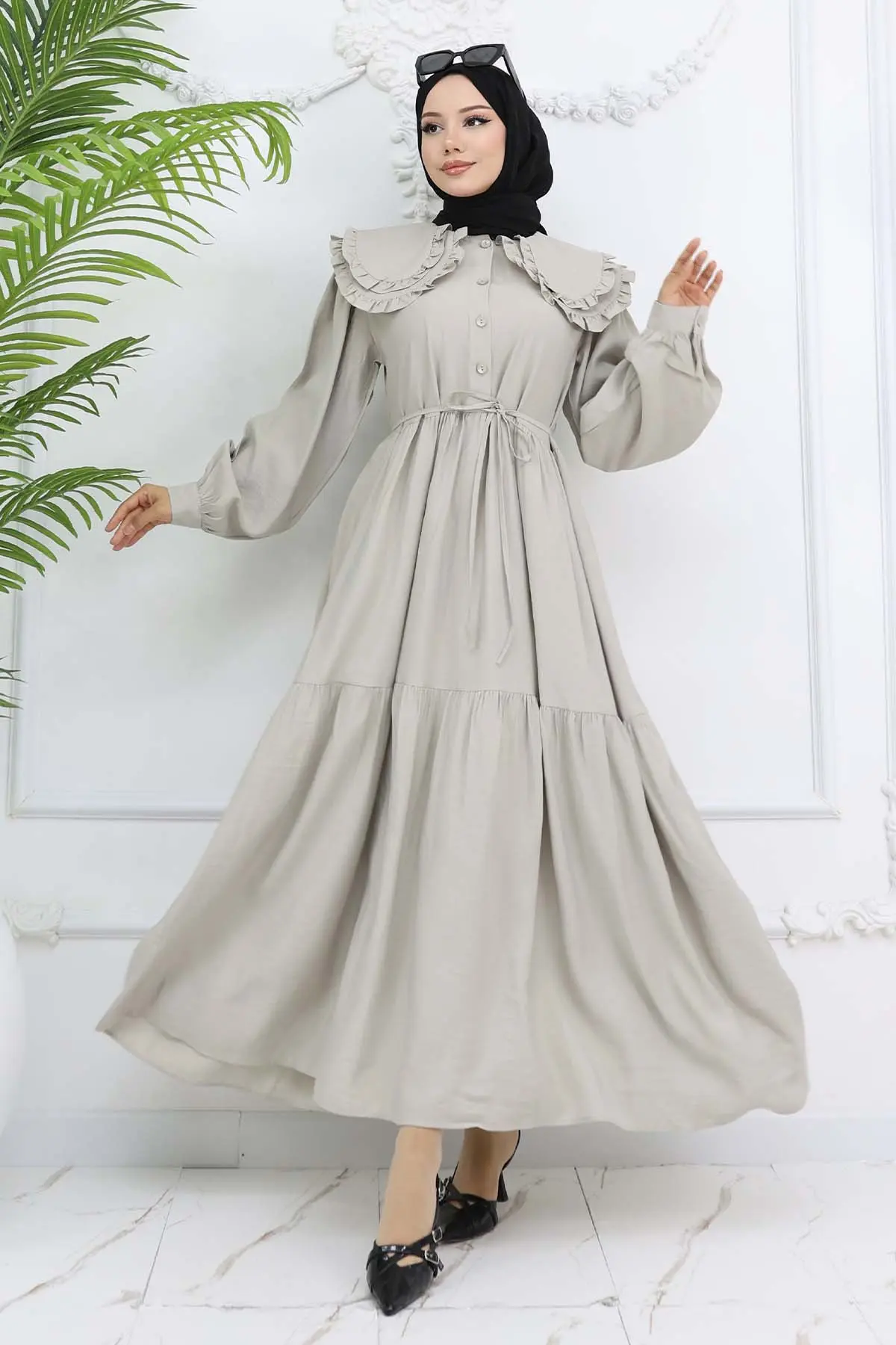 Bebe Yaka Önü Düğmeli Elbise Taş Rengi 2274-detail