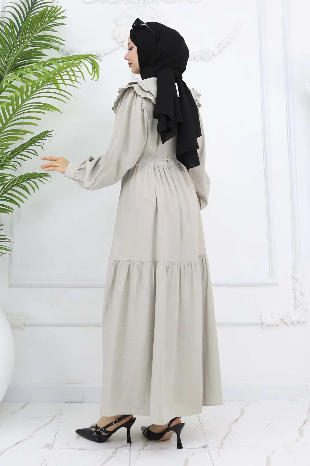 Bebe Yaka Önü Düğmeli Elbise Taş Rengi 2274-detail