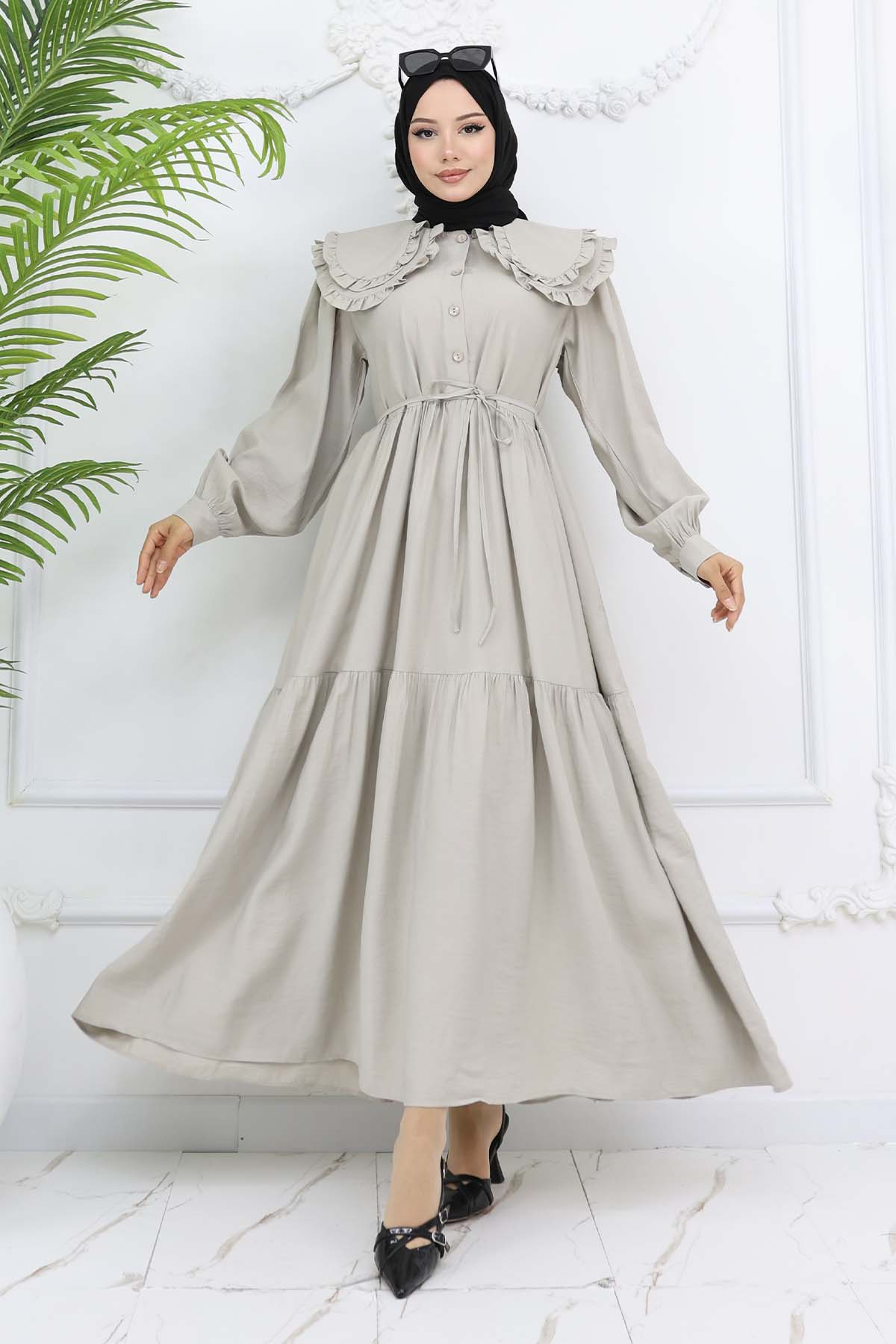 Bebe Yaka Önü Düğmeli Elbise Taş Rengi 2274