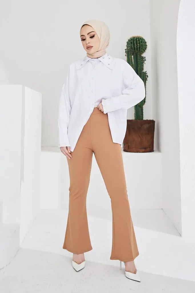 Beige Spanish Cuffed Fabric Trousers-detail