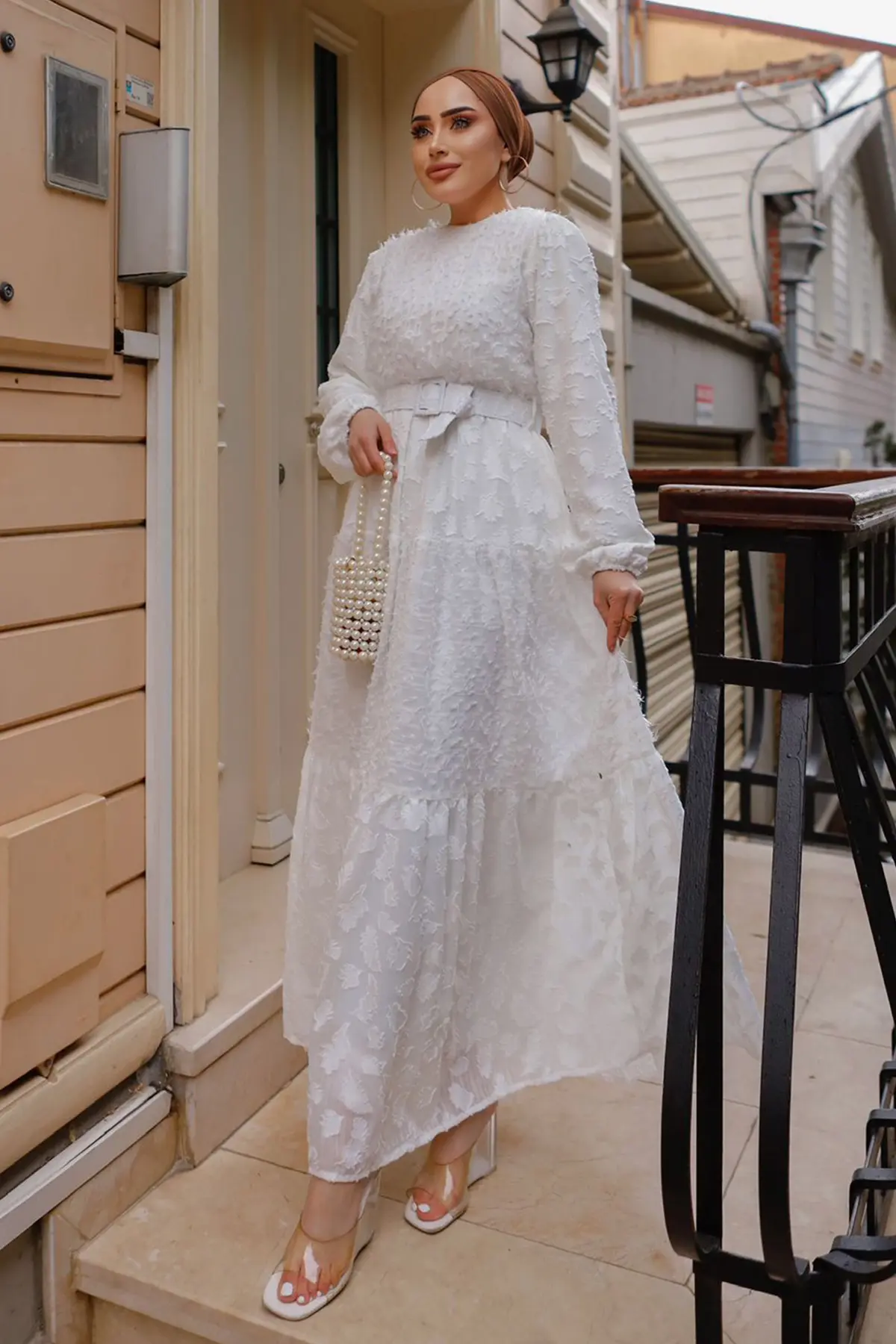 Belted Cutout Chiffon Dress-detail