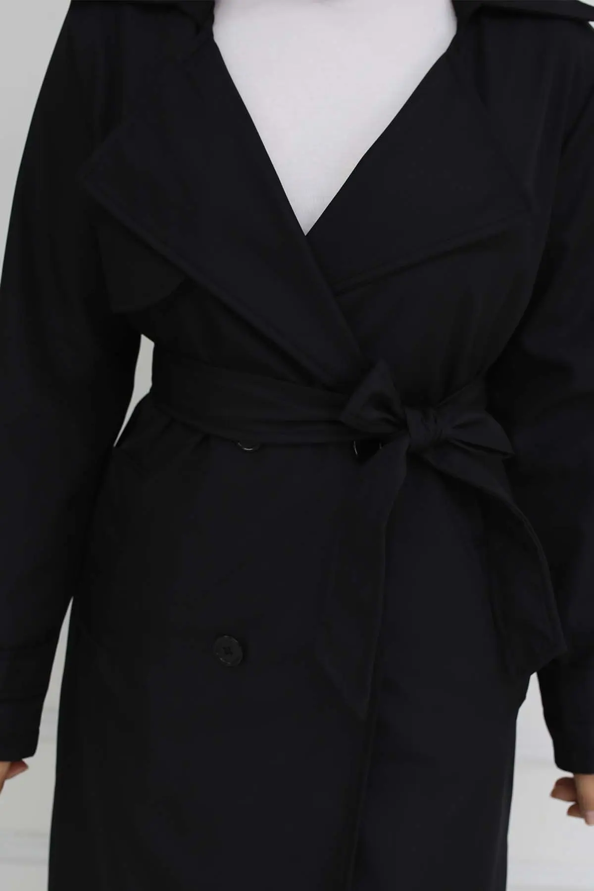 Belted Double Breasted Collar Trench Coat-detail