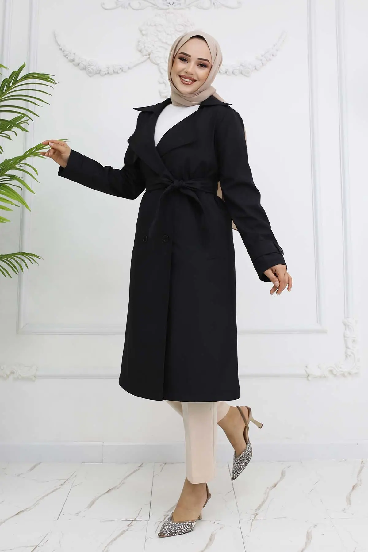 Belted Double Breasted Collar Trench Coat-detail