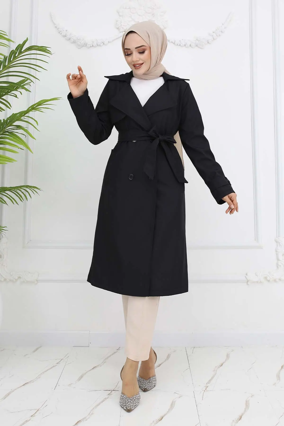 Belted Double Breasted Collar Trench Coat-detail
